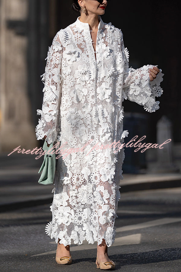 Elegant Solid Color Hollow Embroidery Loose Long Sleeve Midi Dress for Women - Perfect for Casual Outings, Date Nights & Summer Vacations