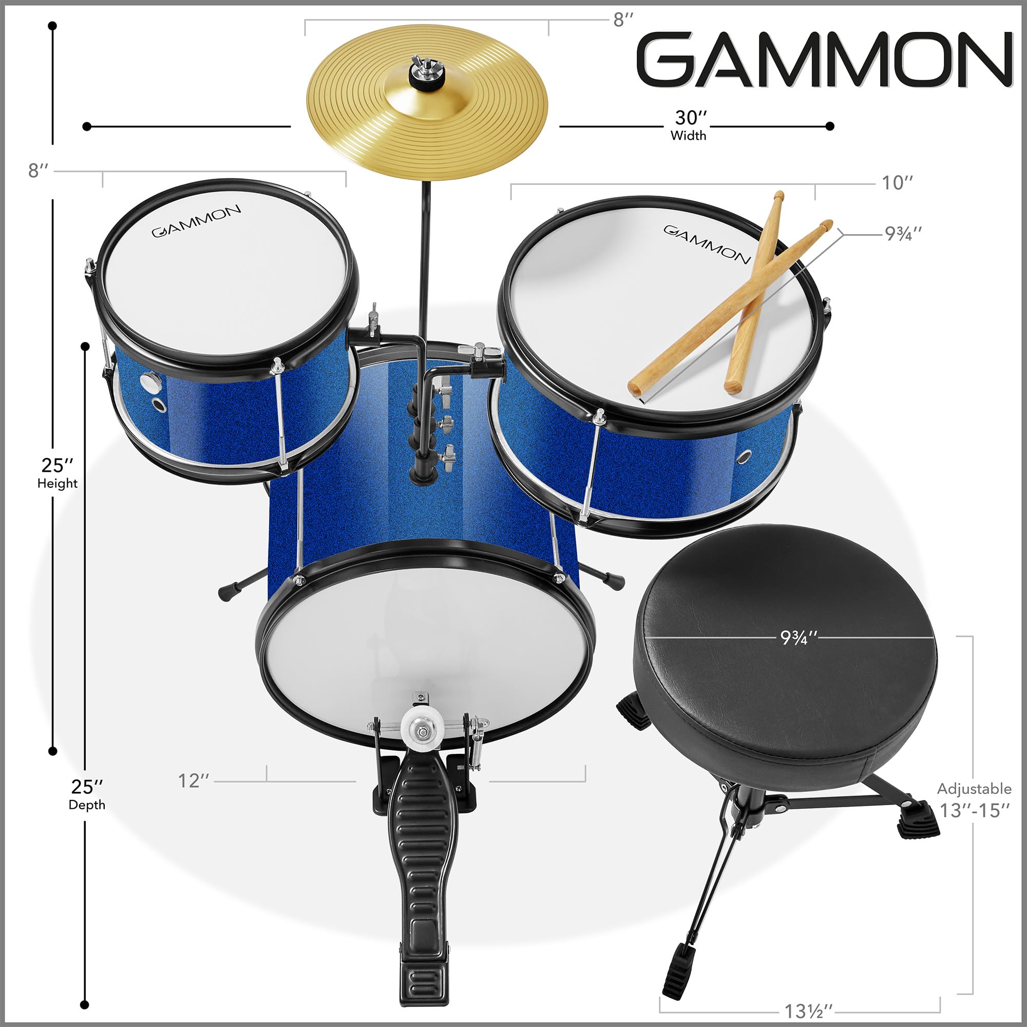 Gammon 3-Piece Junior Drum Set with Throne - Blue, Complete Beginner Drum Kit with Bass Drum, Toms, Cymbal, Pedal & Drumsticks | Perfect for Kids & Teens Learning to Play | Home Practice & Music Classroom Use