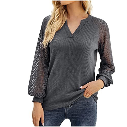 Women's Fashion Lace Hollow Out Long Sleeve V-Neck Sweatshirt - Patchwork Waffle Shirt, Loose Fit Casual Top for Fall/Winter, Date Night & Office Wear