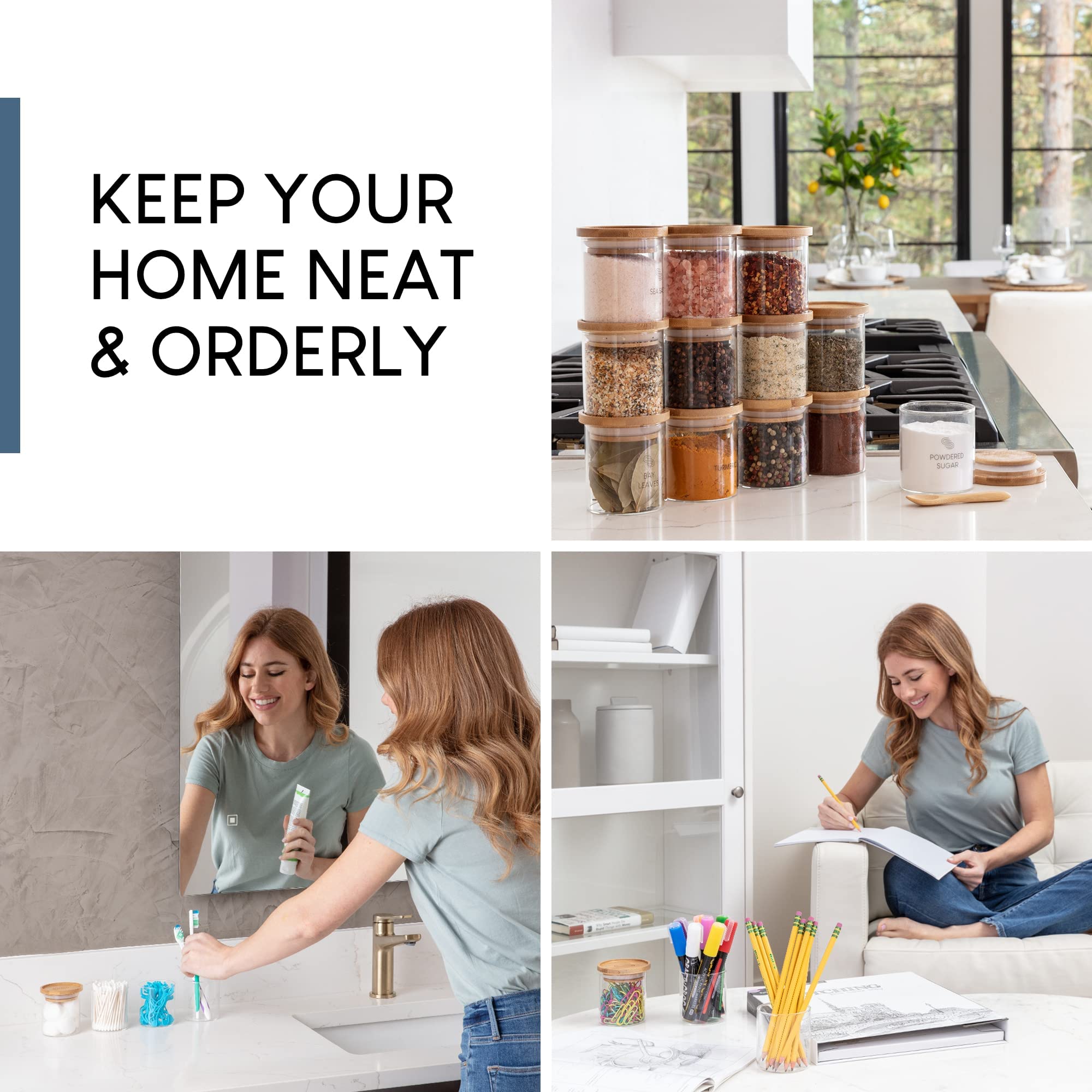 12-Piece Glass Spice Jars with Bamboo Lids - 5 oz Airtight Storage Containers for Kitchen Pantry Organization | Stackable Shatterproof Canisters for Herbs, Spices, Candy & Dry Food | Perfect for Home Cooking, Baking & Meal Prep