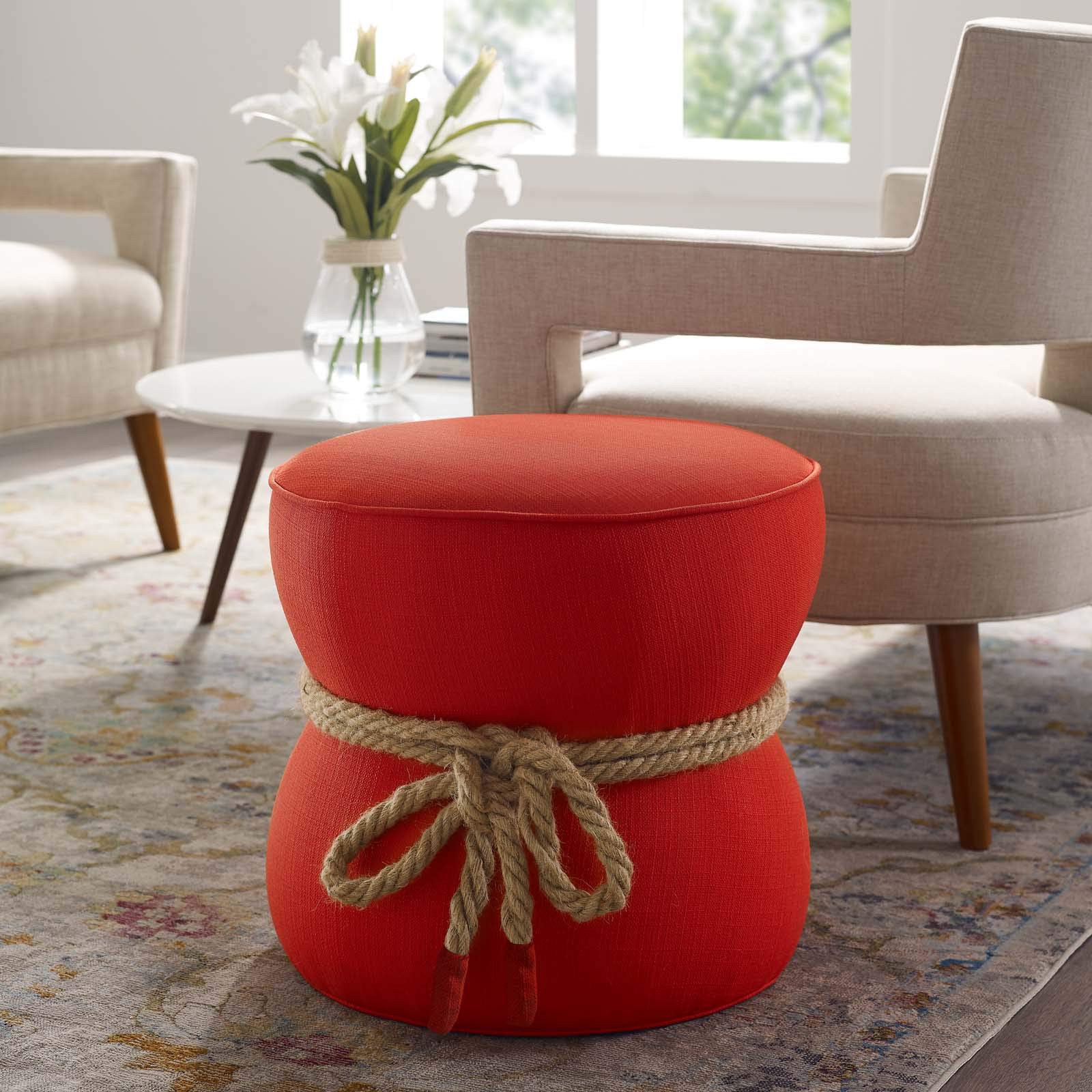 Modern Accent Chair with Ottoman - Contemporary Designer Living Room Lounge Club Lobby Furniture - Orange Red Fabric Upholstery - Perfect for Home, Office, Hotel & Waiting Areas