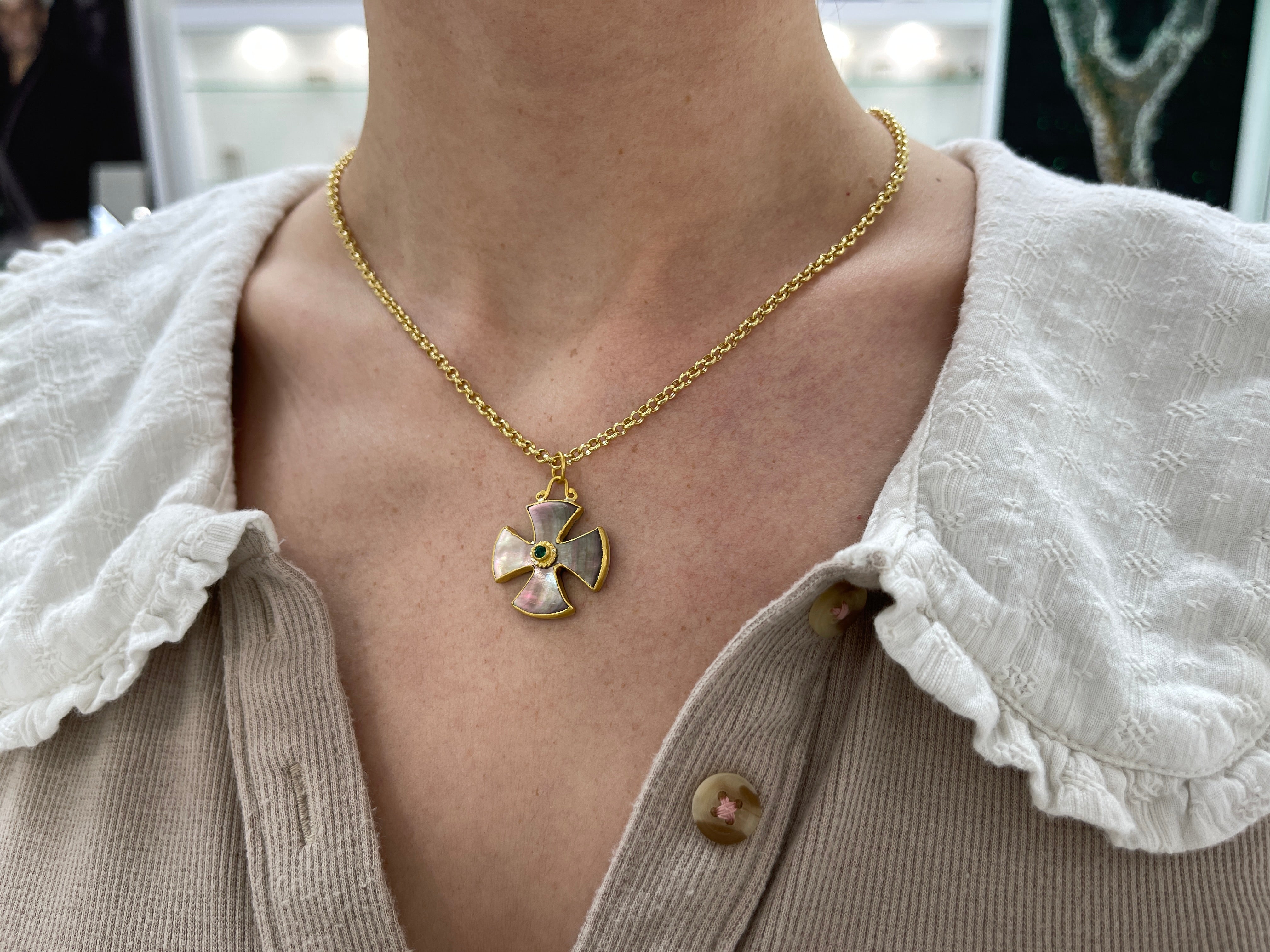 24K Gold Byzantine Cross with Mother of Pearl and Emerald - Maltese Style Religious Jewelry for Men & Women - Perfect for Church, Weddings, and Special Occasions