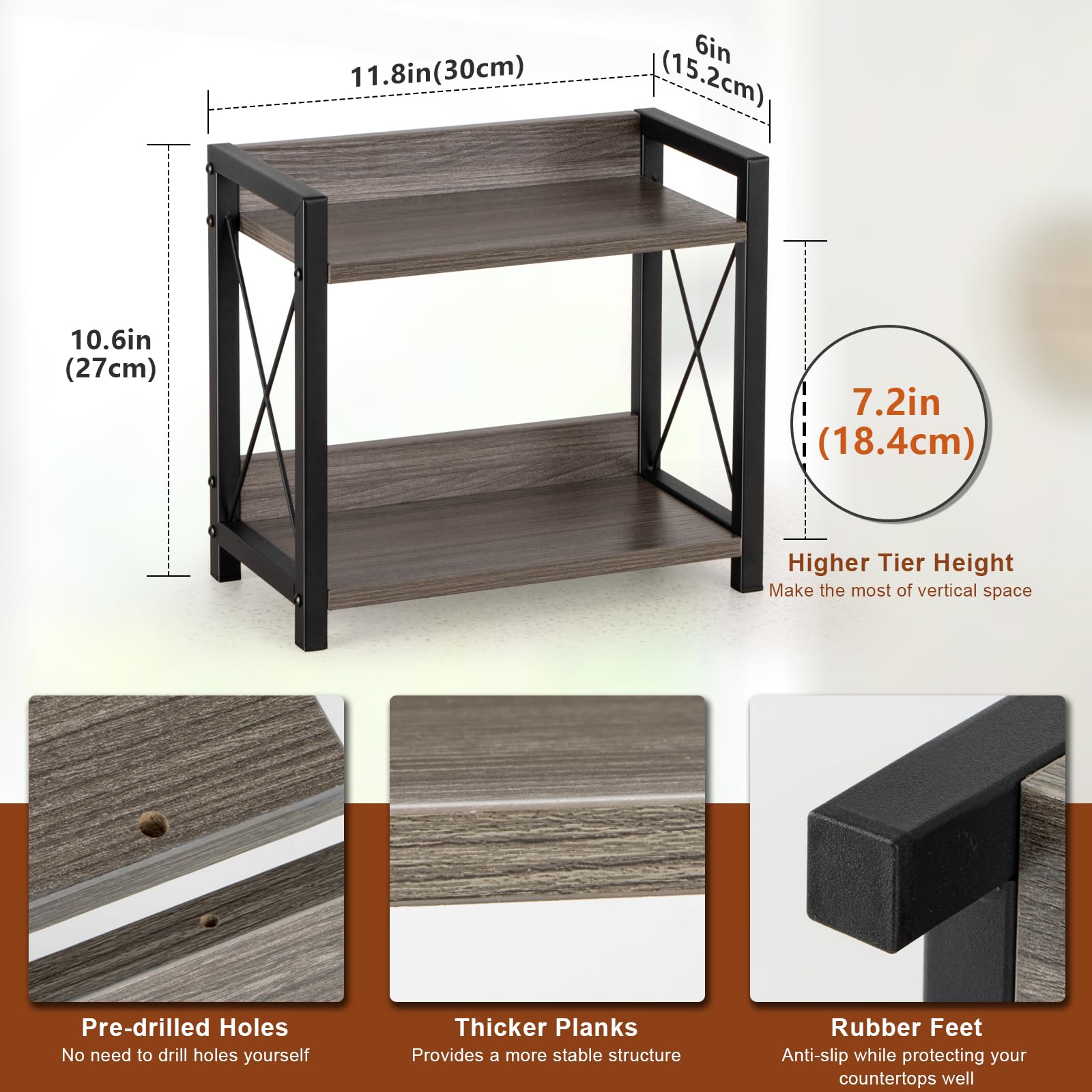 Grey Wooden 2-Tier Coffee Bar Organizer - Countertop Spice Rack & Kitchen Shelf for Coffee Station, Office, and Home Decor