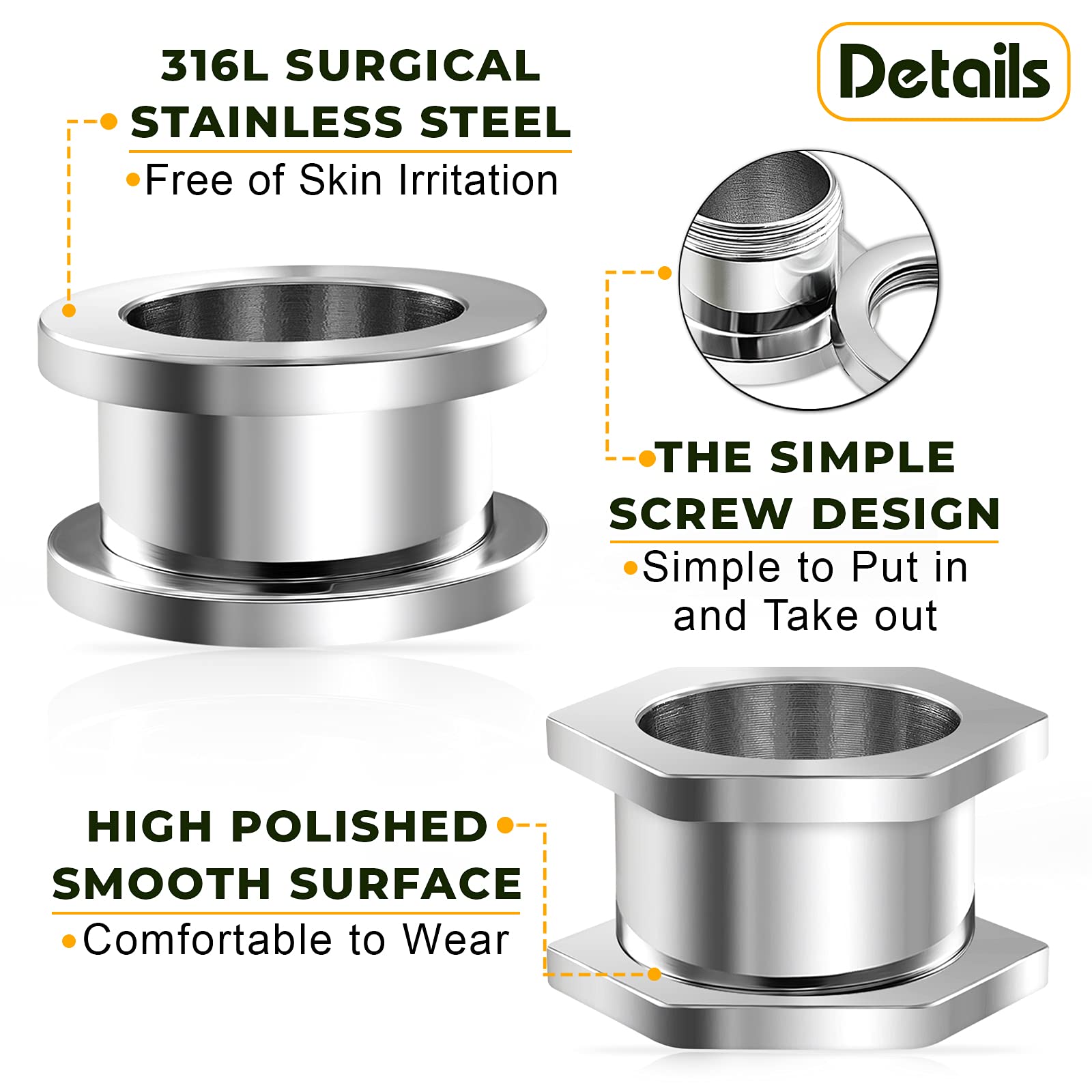 2 Pairs 316L Surgical Steel Ear Plugs - Hexagon Tunnel Lobe Earrings for Stretching - Hypoallergenic Body Jewelry for Men & Women - Perfect for Daily Wear, Parties and Alternative Fashion