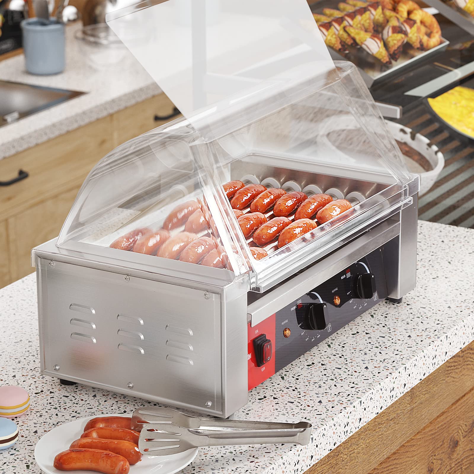 Commercial Hot Dog Cooker Machine - 7 Roller Grill with Transparent Sneeze Guard, Nonstick 304 Stainless Steel Rollers & Dual Temperature Control (120V, 1050W) for Restaurants, Food Trucks, and Convenience Stores