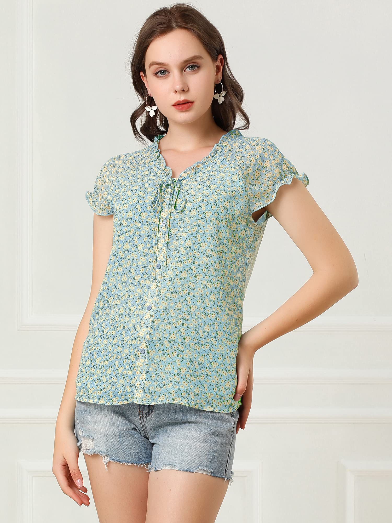 Allegra K Women's Floral Print V-Neck Chiffon Blouse - Short Cap Sleeve Ruffled Summer Top for Casual Wear, Office & Date Night Outfits