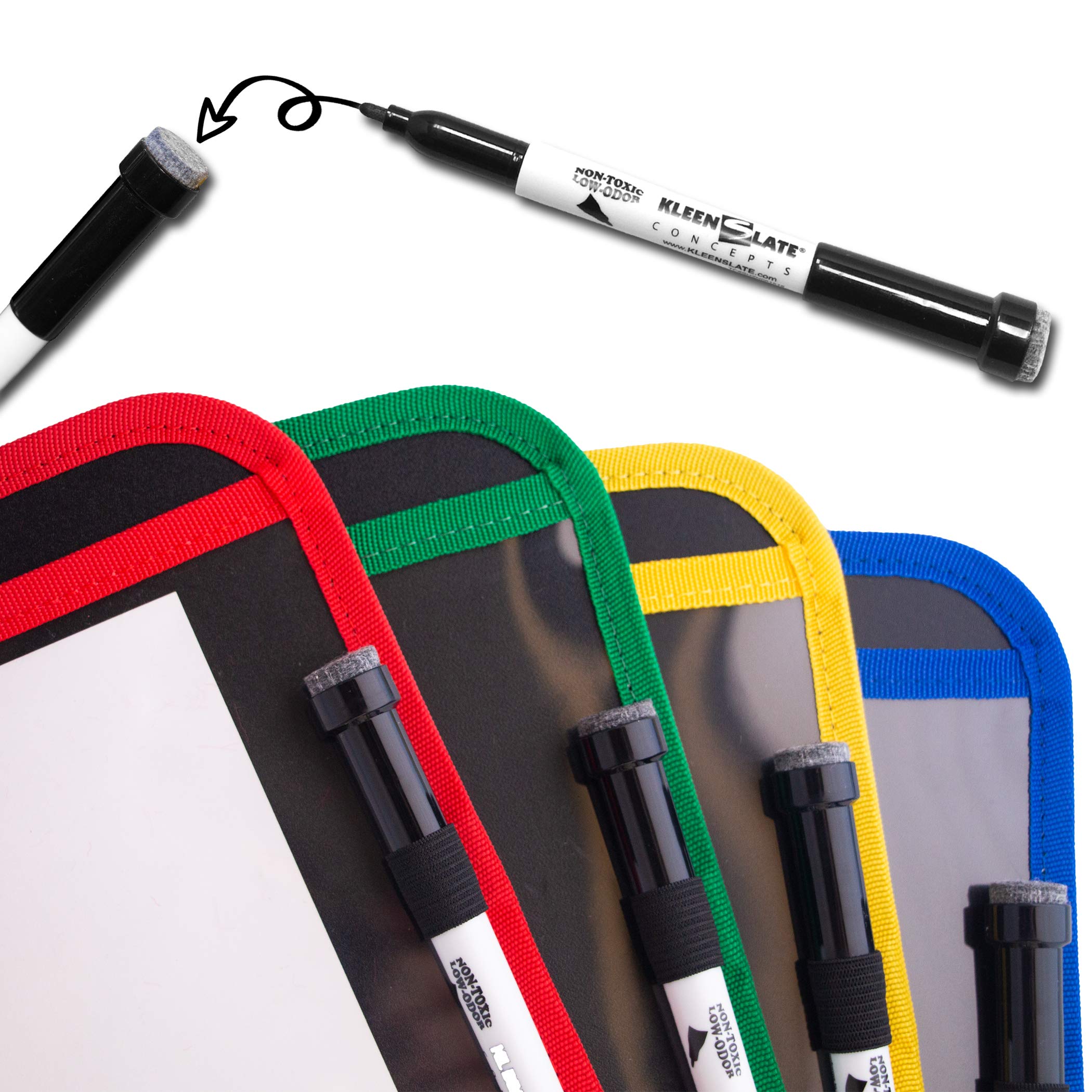 KleenSlate 24-Pack Durable Dry Erase Pockets with Sturdy Back & Clear Vinyl Sleeve + 56 Dry Erase Markers (48 Black, 8 Assorted Colors) with Erasers - Perfect for Classroom, Office & Home Organization
