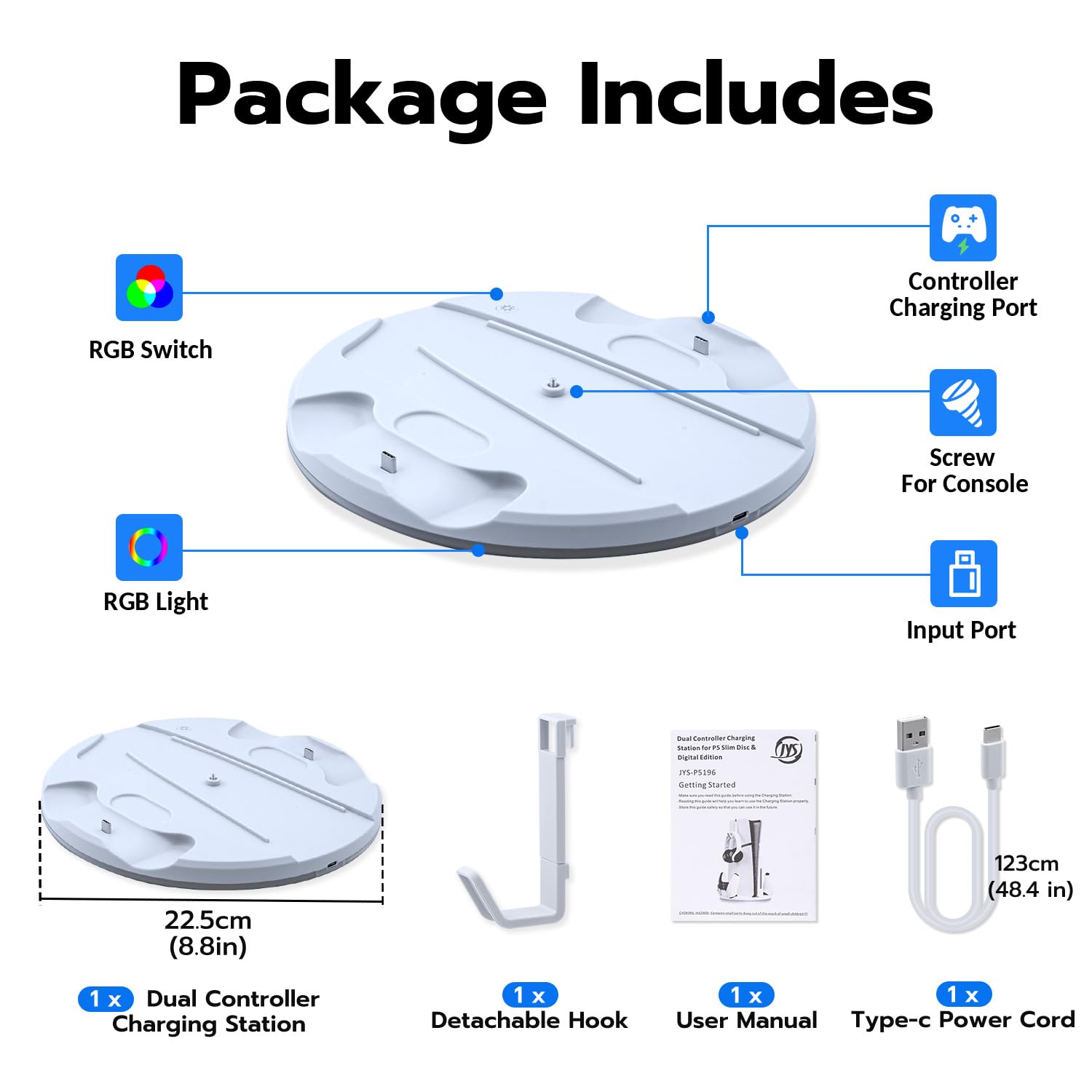 PS5 Slim Vertical Stand with LED Light & Fast Charging Dock - Dual Controller Charging Station, Headset Hook Accessories - White (Compatible with PS5 Slim Digital/Disc Edition) - Perfect for Gaming Setup & Organized Playstation Accessories Storage