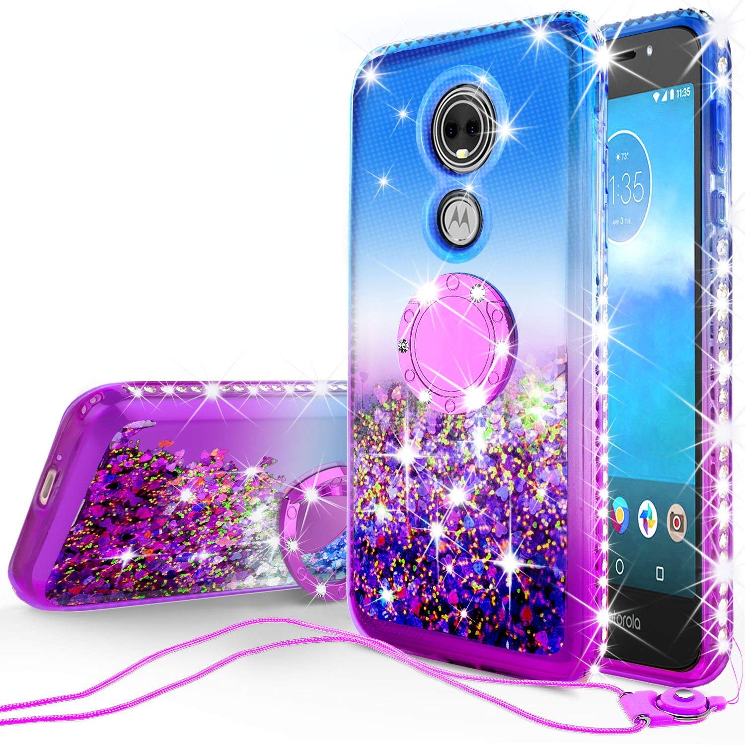 Motorola Moto Z2 Force / Moto Z2 Play Shockproof Phone Case with Liquid Glitter & Ring Kickstand - Cute Quicksand Bling Cover for Women (Hot Pink/Purple) - Perfect for Everyday Use, Work & Travel