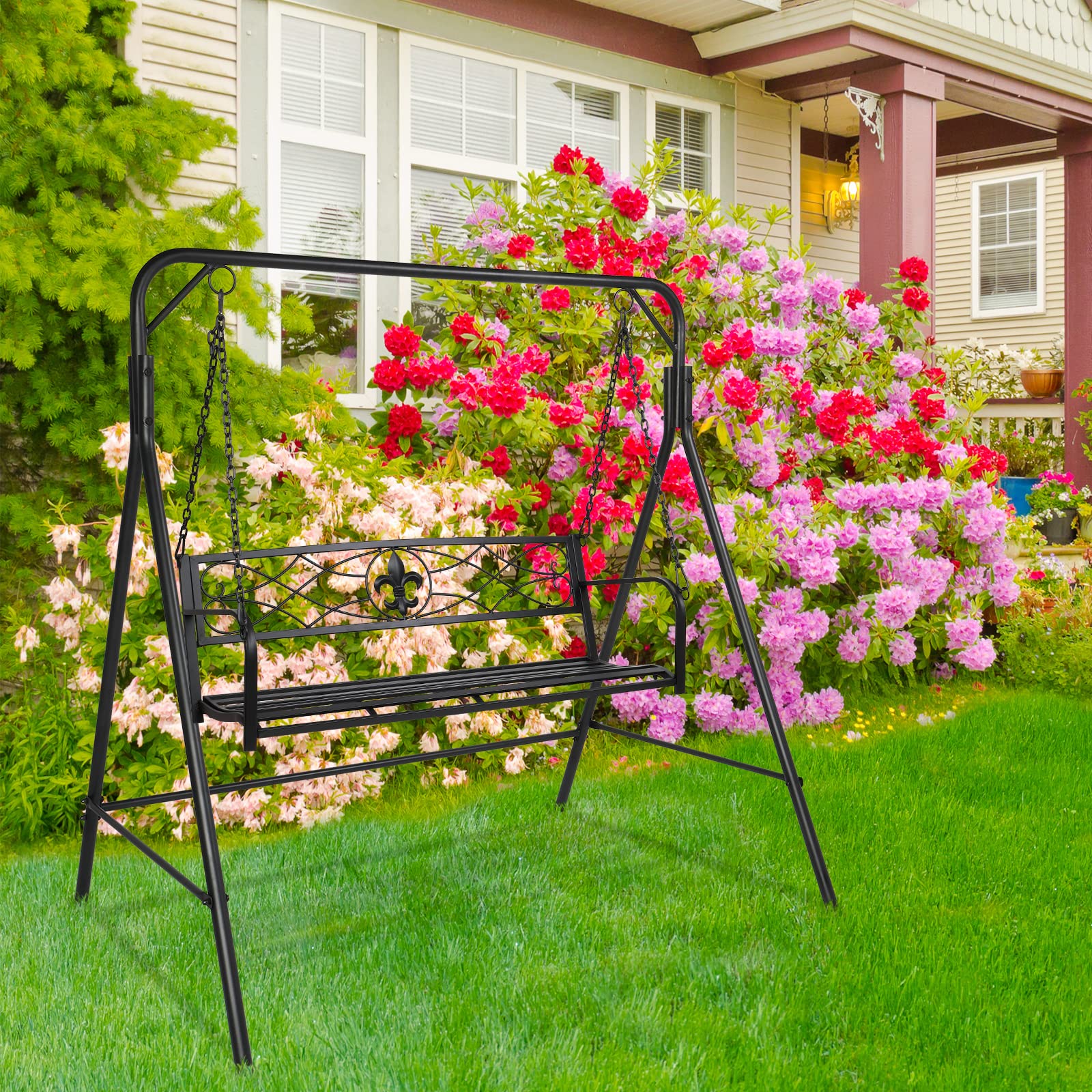Outdoor Metal Patio Swing Bench with A-Frame Stand - Heavy Duty 550LB Capacity Powder Coated Steel Swing Seat & Frame - Perfect for Backyard, Garden, Porch or Deck Relaxation (Matte Black)