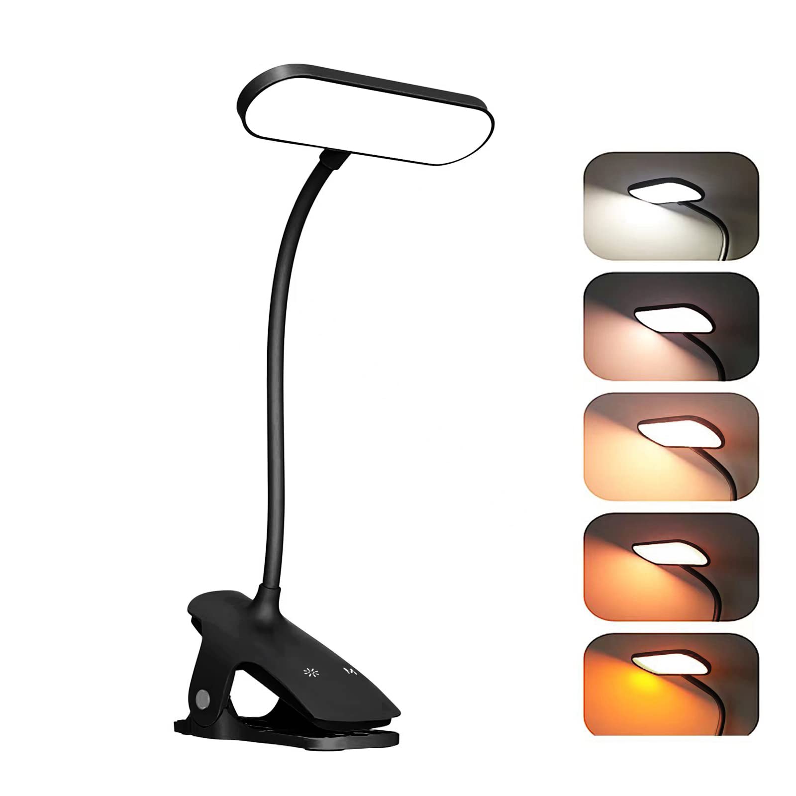 USB Rechargeable LED Desk Lamp - 5 Color & 5 Brightness Adjustable Reading Light with Clamp for Home Office, Study, Bedroom | Eye-Caring Book Light for Students & Bookworms | Perfect for Night Reading, Computer Work & Bedside Lighting (Black)