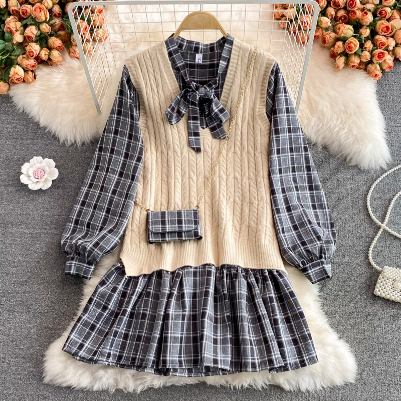 Korean Style Loose Plaid Midi Dress with Bowknot & Knit Sweater Vest 2-Piece Set 1394 | Casual Outfits for Women, Fall Winter Fashion, Date Night & Office Wear