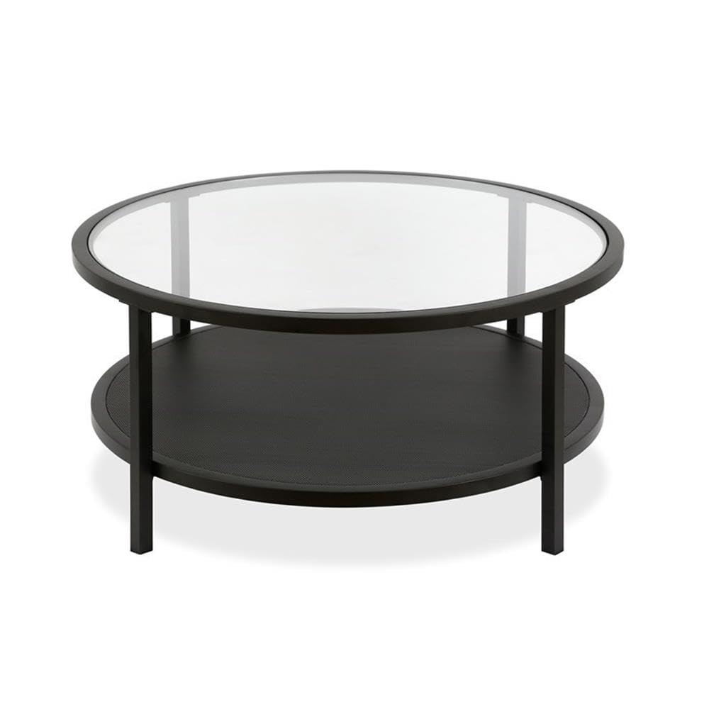 Black Metal Rectangular Mesh Shelf with Glass Top Coffee Table - Modern Living Room Furniture for Home Decor & Storage
