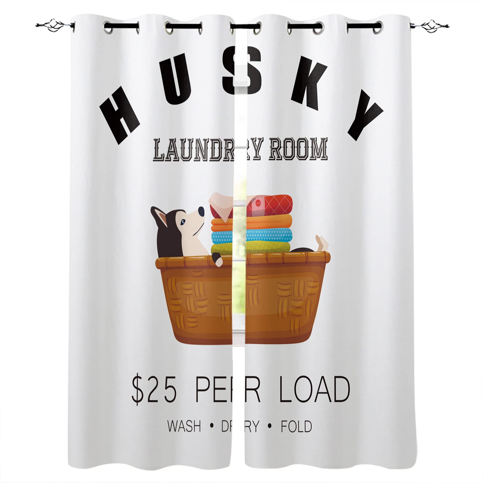 Z&L Home Blackout Curtains with Funny Husky Dog in Basket Design - Thermal Insulated Grommet Top Drapes for Bedroom, Living Room & Kitchen (Set of 2) - Perfect for Room Darkening, Energy Saving & Home Decor