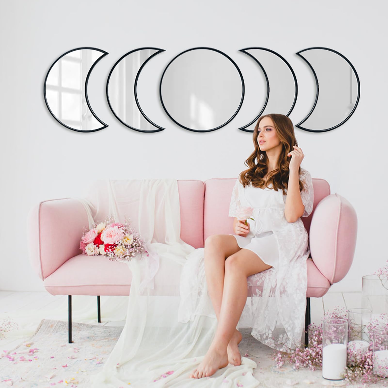 5 PCS Crescent Moon Mirror - 100% Real Glass Boho Decor for Bedroom, Living Room & Apartment - Celestial Wall Art for Aesthetic Home Decor - Perfect for Nursery, Yoga Studio & Meditation Space (Black)