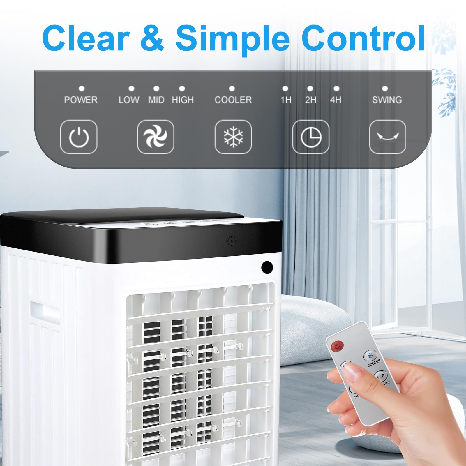 2024 New Portable Air Conditioner - 8L Water Tank, Remote Control, 3 Speed & 70° Oscillation - Ultra Quiet Swamp Cooler with 6 Ice Packs for Fast Cooling - Perfect for Bedroom, Office & Small Rooms (Home, Dorm & Office Use)
