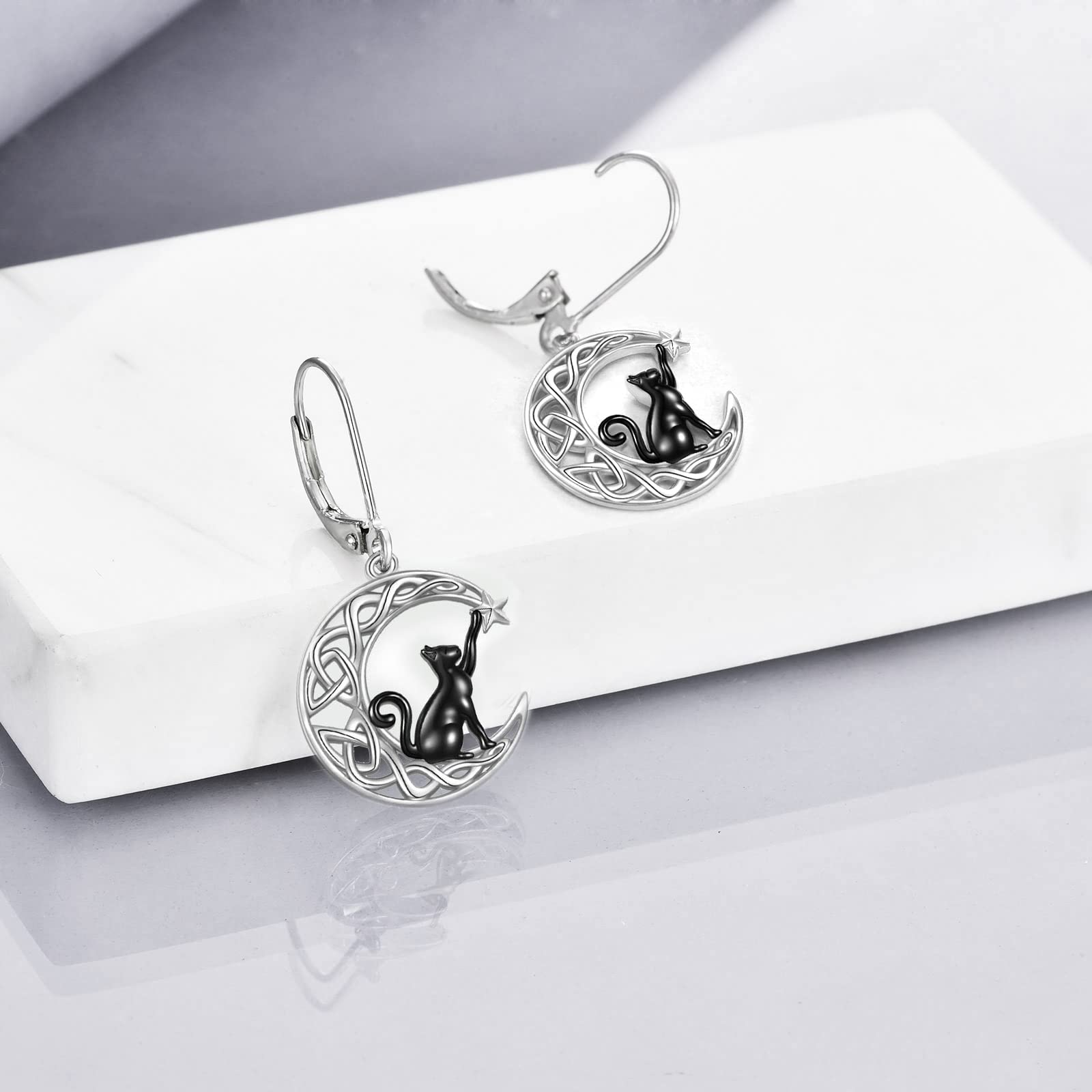 VONALA 925 Sterling Silver Celtic Moon Cat Leverback Earrings | Animal Jewelry for Women | Unique Birthday Gifts for Her | Perfect for Parties, Date Nights & Everyday Wear