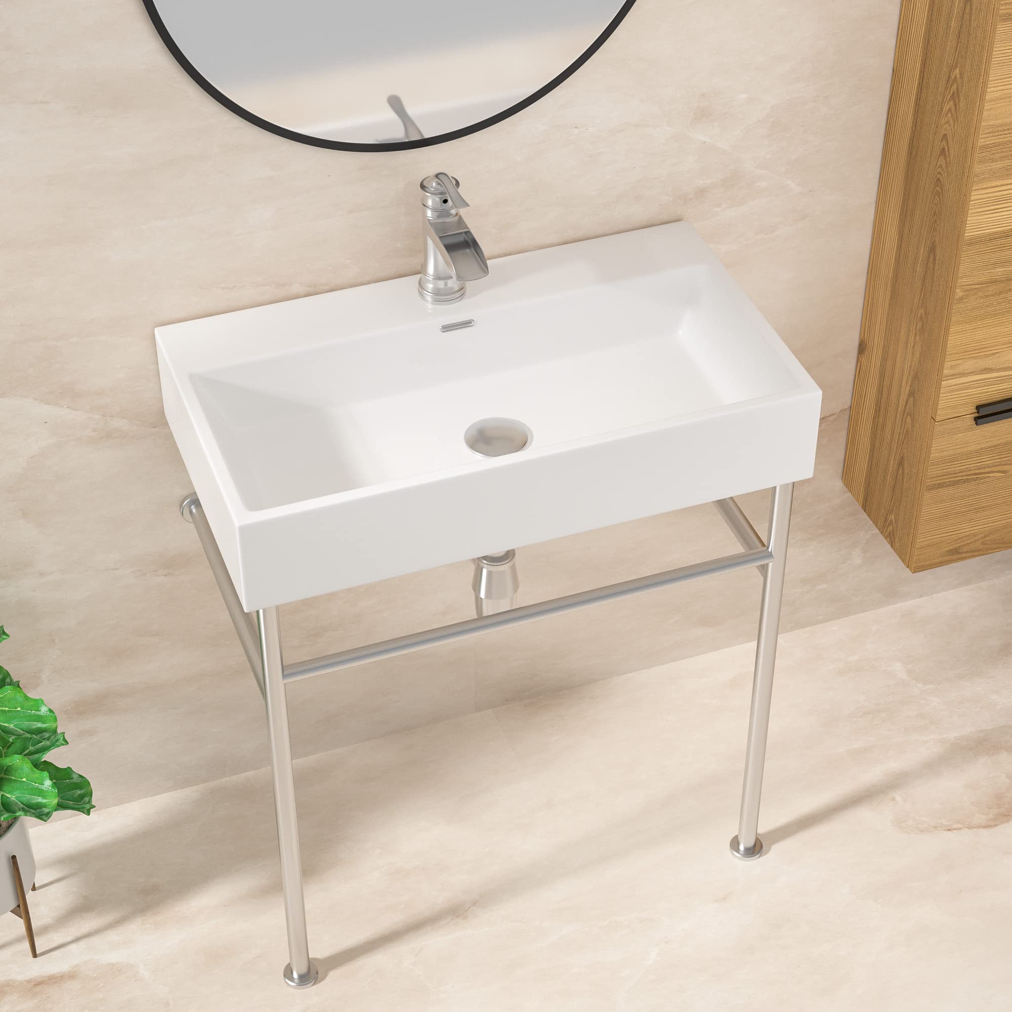 Lordear 30 Inch White Ceramic Freestanding Bathroom Sink with Pedestal Legs & Overflow - Modern Console Vanity Sink for Bathroom Remodeling & Powder Room Upgrade
