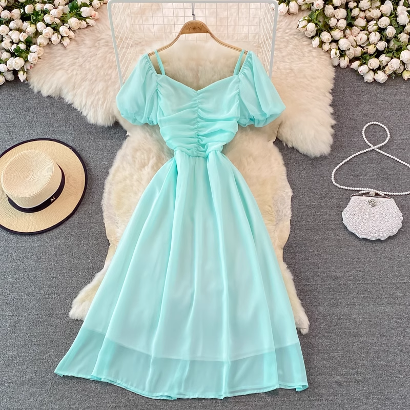 Bubble Short Sleeve Square Neck Dress - Pleated A-Line Chiffon Long Skirt for Women | Summer Casual Flowy Dress for Beach, Party & Everyday Wear | Style 926