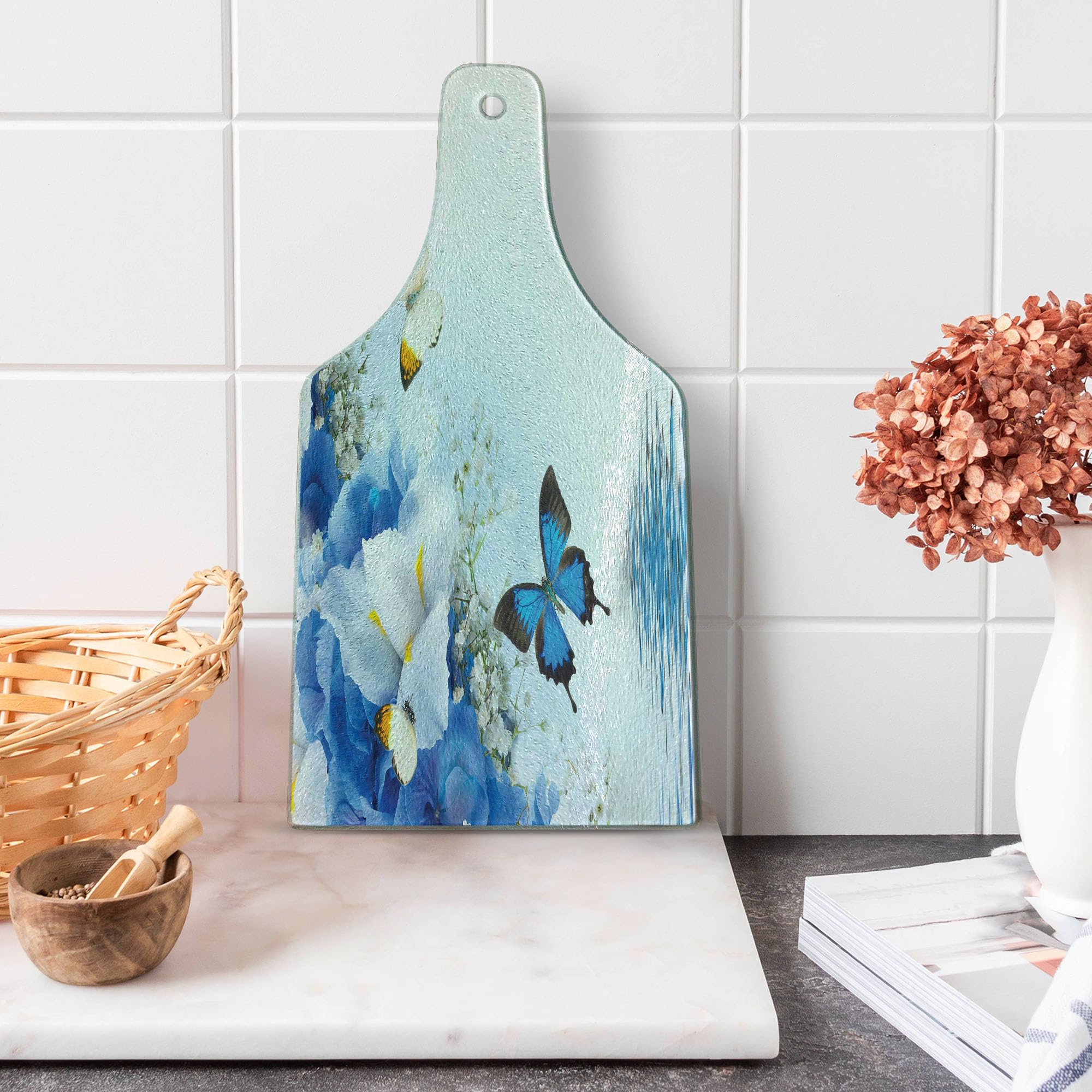 Ambesonne Floral Cutting Board - Blue and White Wild Flowers with Monarch Butterflies, Lily Therapy Zen Spa Art Prints - Decorative Tempered Glass Serving Board in Wine Bottle Shape, Pale Blue - Perfect for Kitchen, Dining, and Gift Giving