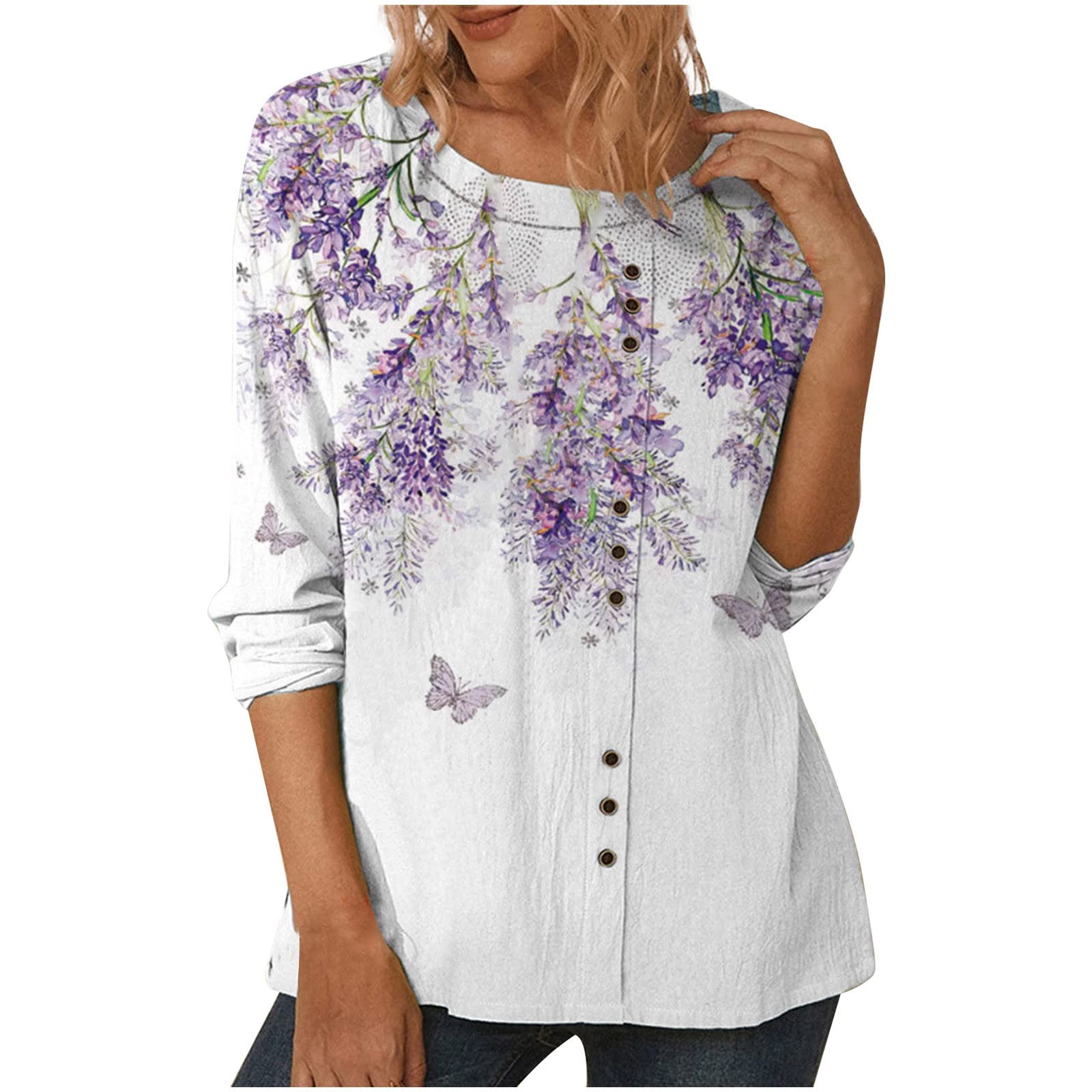 Women's Casual Long Sleeve Blouse - Fall Fashion Round Neck Loose Fitting Top with Stylish Print & Button Details | Perfect for Work, Date Night & Everyday Wear