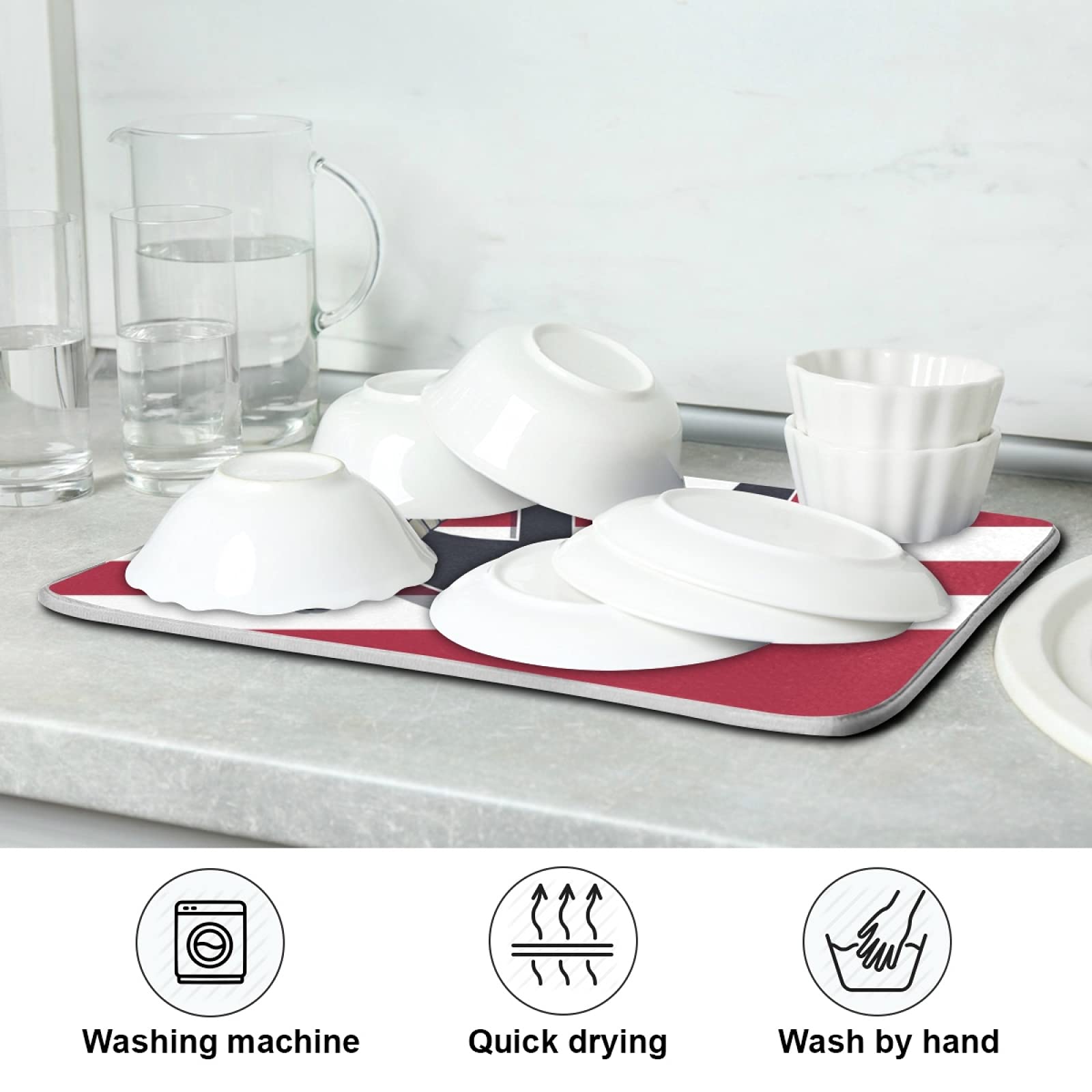Absorbent Reversible Microfiber Dish Drying Mat - Kitchen Countertop Protector with Nautical Anchor & Rope Design (16x18 Inch) | Non-Slip, Quick-Dry Pad for Dishes, Utensils & Cookware | Perfect for Sink Areas, Countertops & Drying Racks