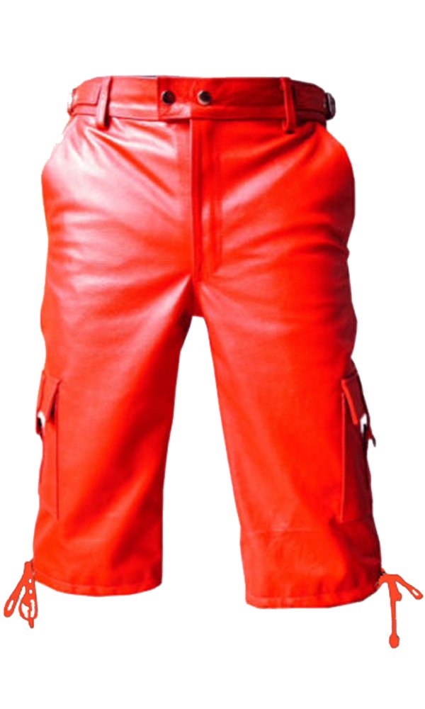 **Men's Genuine Red Leather Combat Cargo Shorts - Lederhosen Style for Outdoor Adventure & Casual Wear**