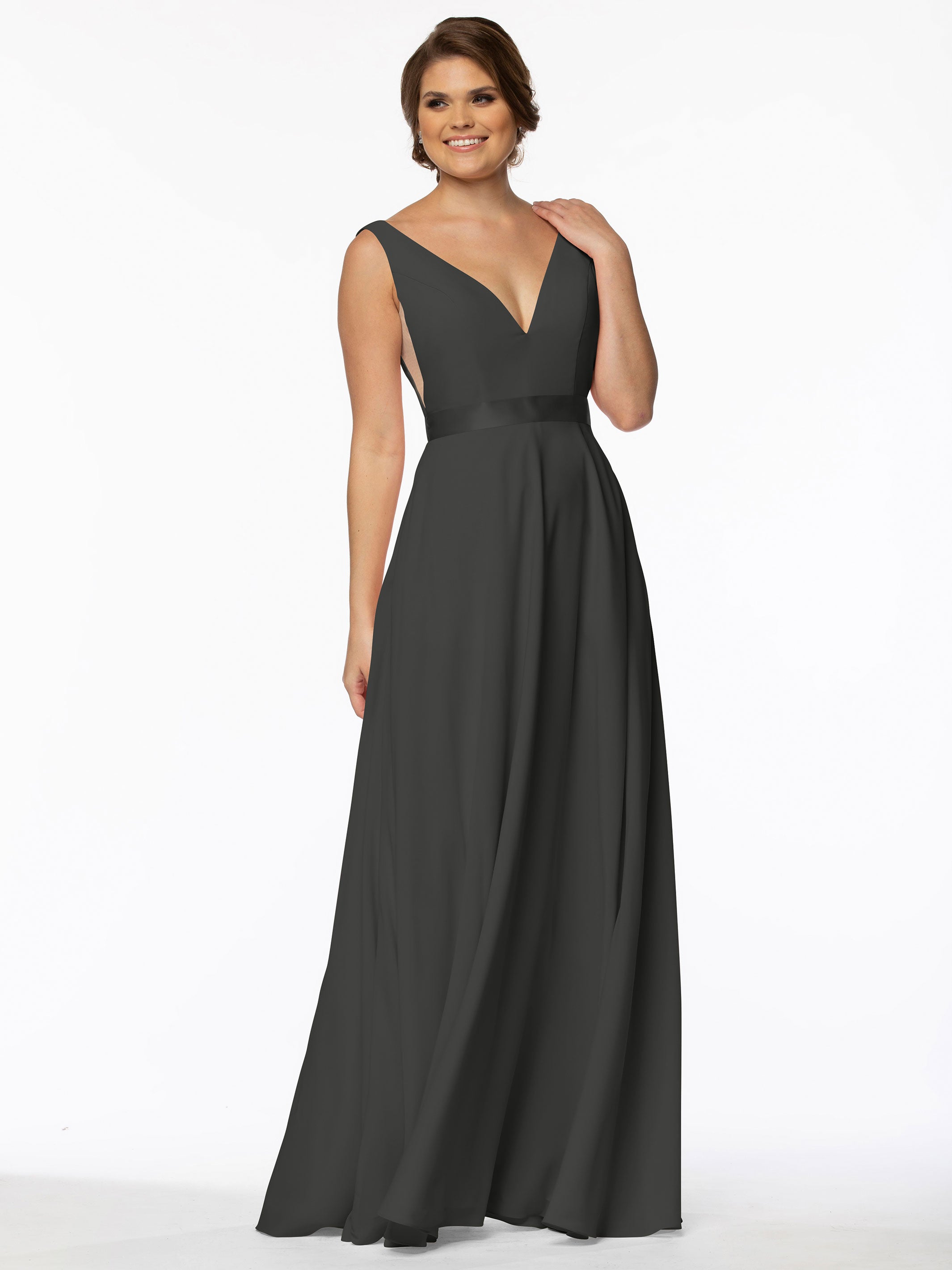 Elegant 80117 Stretch Chiffon A-Line Bridesmaid Dress with V-Neck & Sash - Perfect for Weddings, Formal Events & Special Occasions
