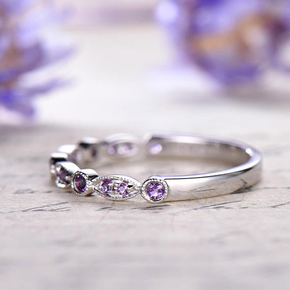 14K White Gold Amethyst Marquise Wedding Band for Women - Elegant Half Eternity Engagement Ring, Promise Ring & Anniversary Gift (Perfect for Bridal Jewelry, Romantic Proposals & Special Occasions)