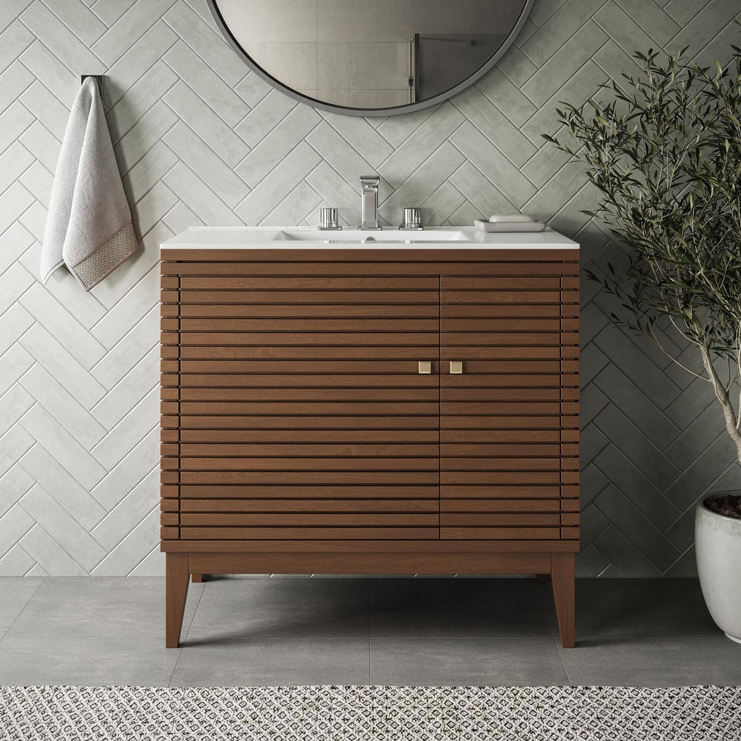 Modway Ledger 36 Inch Walnut White Wood Bathroom Vanity Cabinet with Mirror - Modern Storage for Small Bathrooms & Powder Rooms