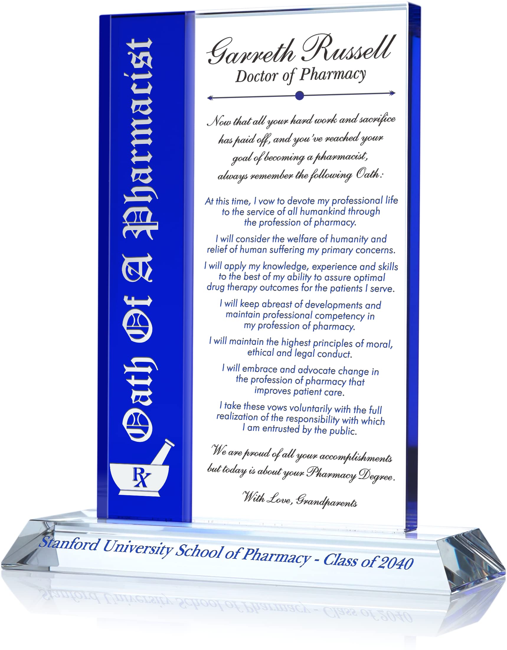 Custom Personalized Pharmacist Oath Graduation Plaque - Engraved with Name, School & Class Year - Unique Pharmacy School Gift for Graduates (11 Inch XL, Blue) - Perfect for Office Display, Desk Decor or Commemorative Keepsake