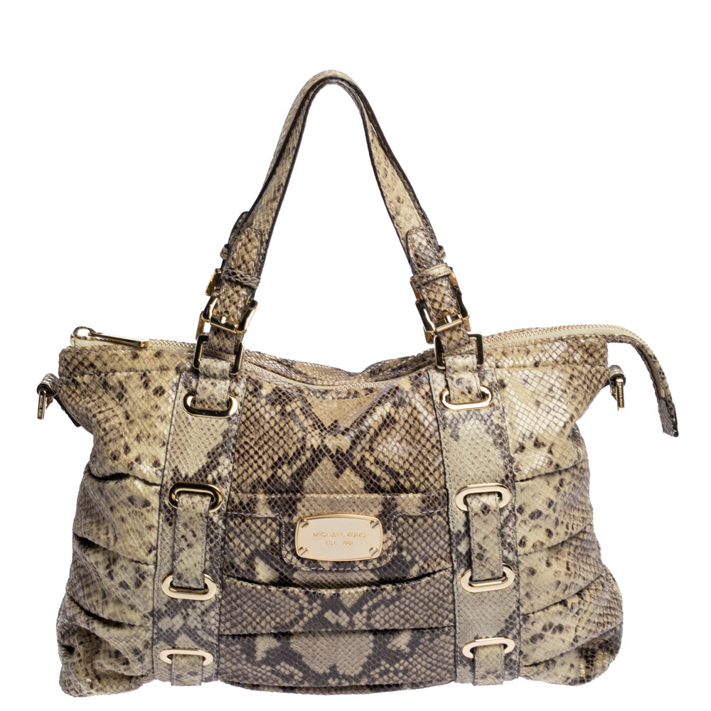 Stylish Beige Python Effect Leather Satchel for Women - Trendy Handbag for Work, Travel & Everyday Use