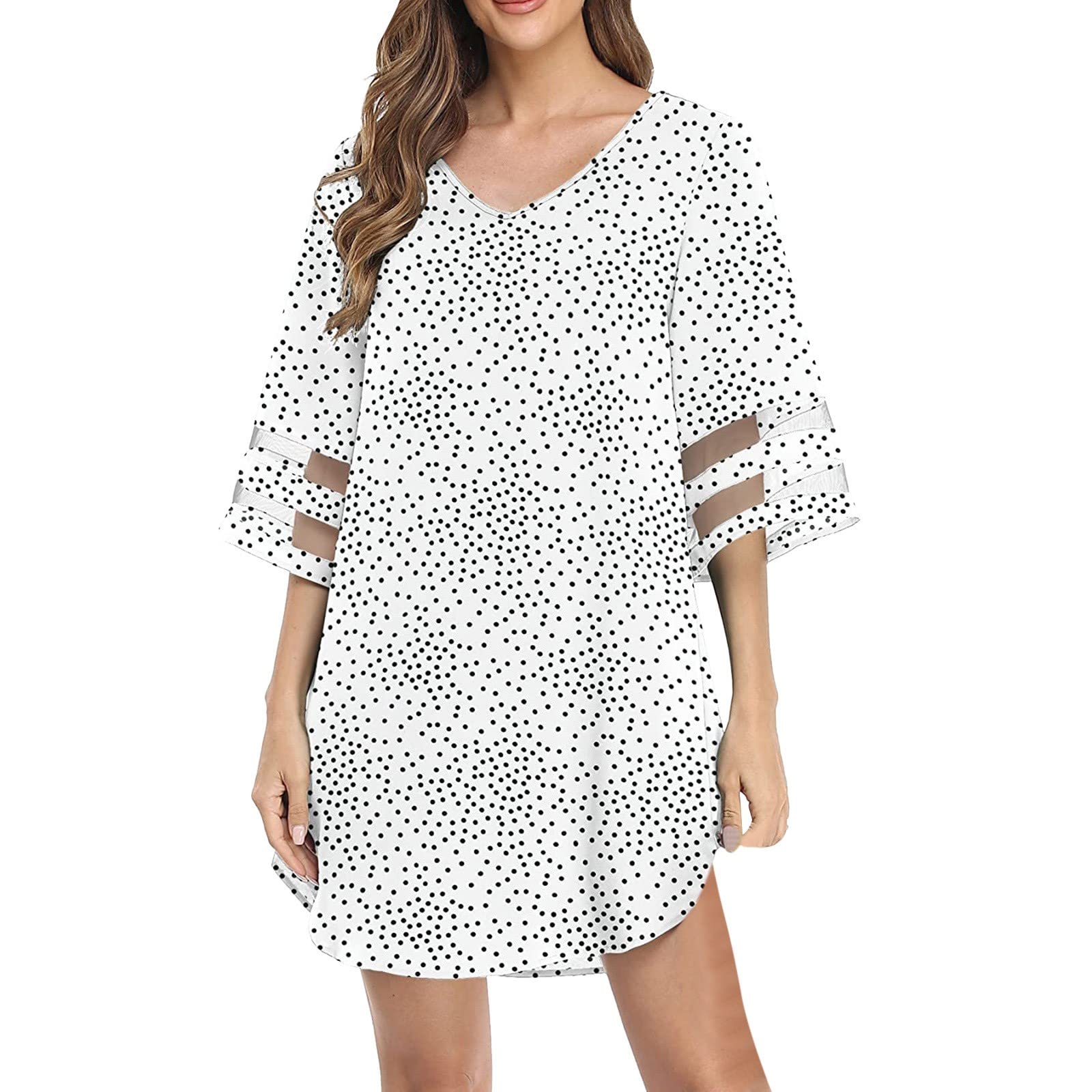 Women's Summer Chiffon Maternity Dress with Pockets - Bell Sleeve V-Neck Mesh Panel Sundress for Photoshoots & Casual Wear | Beach Cover Up, Date Night, Vacation Outfit