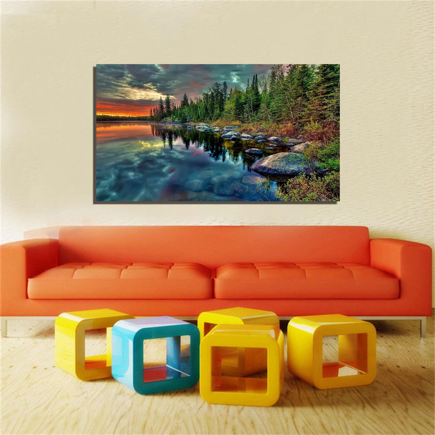 Lake Sunset Canvas Art - Framed Landscape Wall Painting for Home, Office, Bedroom Decor - Ready to Hang - Perfect for Living Room, Dining Area & Gift Giving