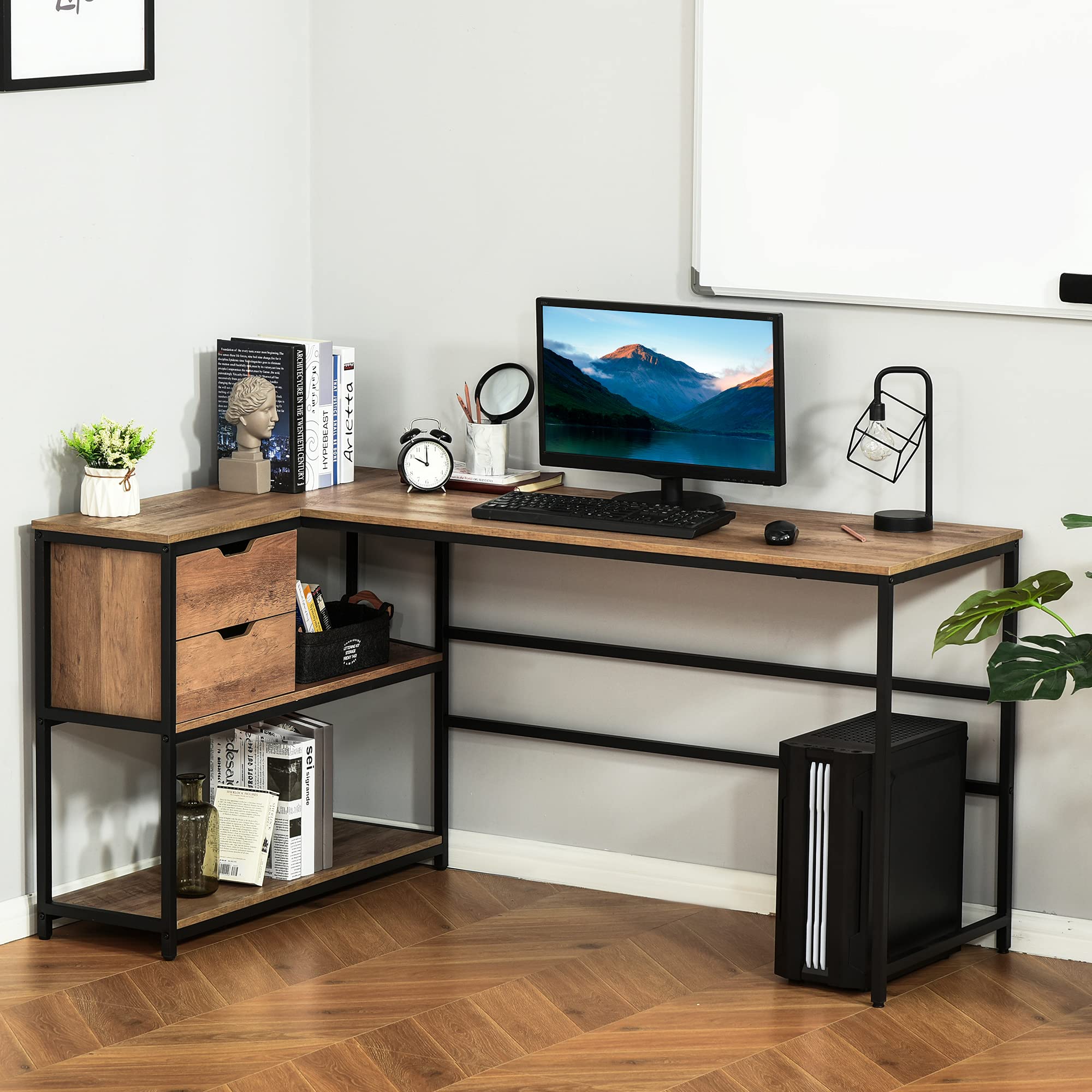 HOMCOM L-Shaped Home Office Computer Desk with Storage Shelves, 2 Drawers & Industrial Steel Frame - Black/Brown - Perfect for Small Spaces, Gaming & Workstation Setup