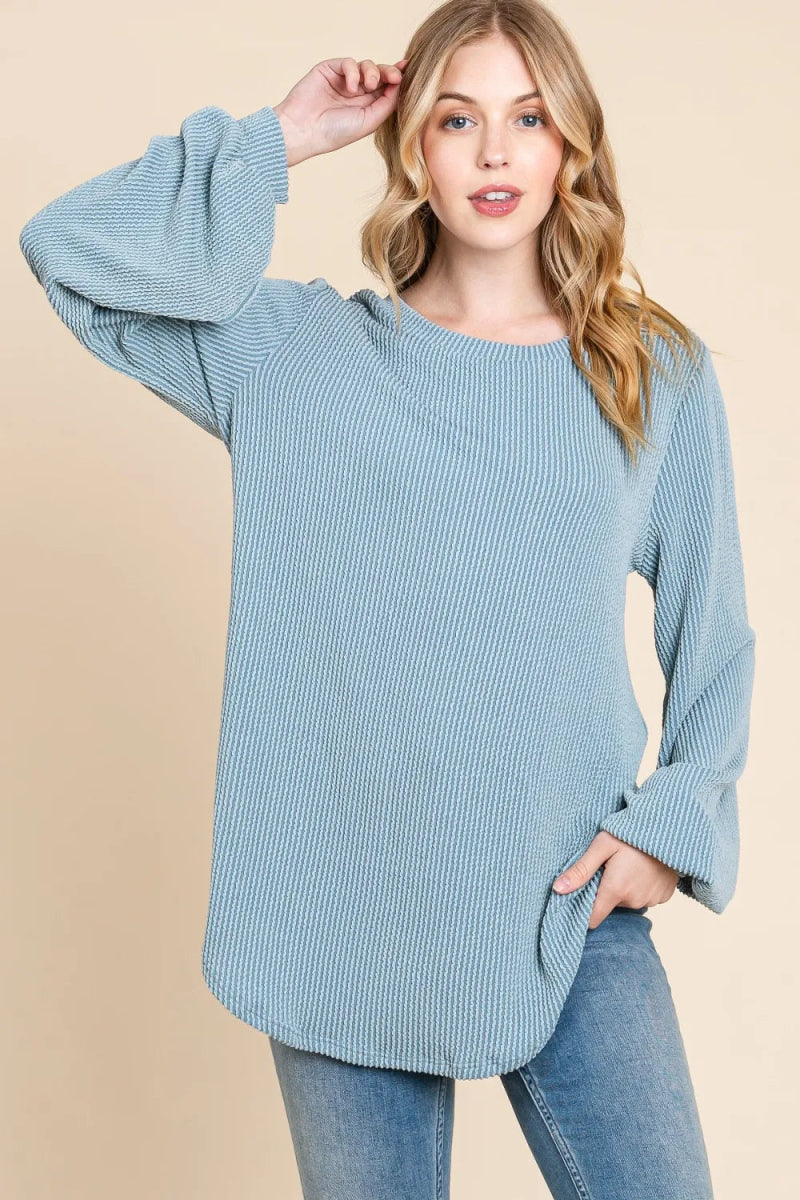 BOMBOM Women's Long Sleeve Ribbed T-Shirt with Curved Hem - Soft Stretch Casual Top for Everyday Wear, Layering & Fall Fashion