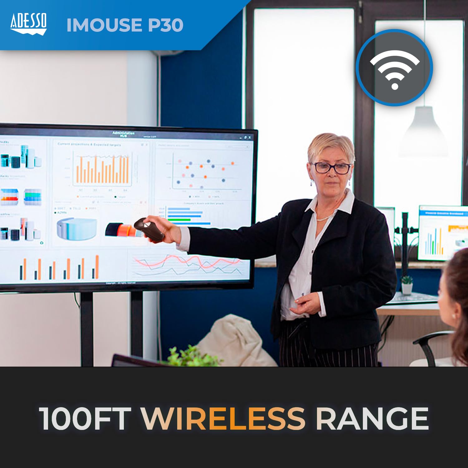 Adesso iMouse P30 Air Mouse GO Plus - Wireless USB Presenter & Cursor Controller for TV, Projector, Laptop, Desktop, CCTV - Rechargeable Presentation Clicker with Charging Stand - Perfect for Meetings, Home Theater & Security Monitoring