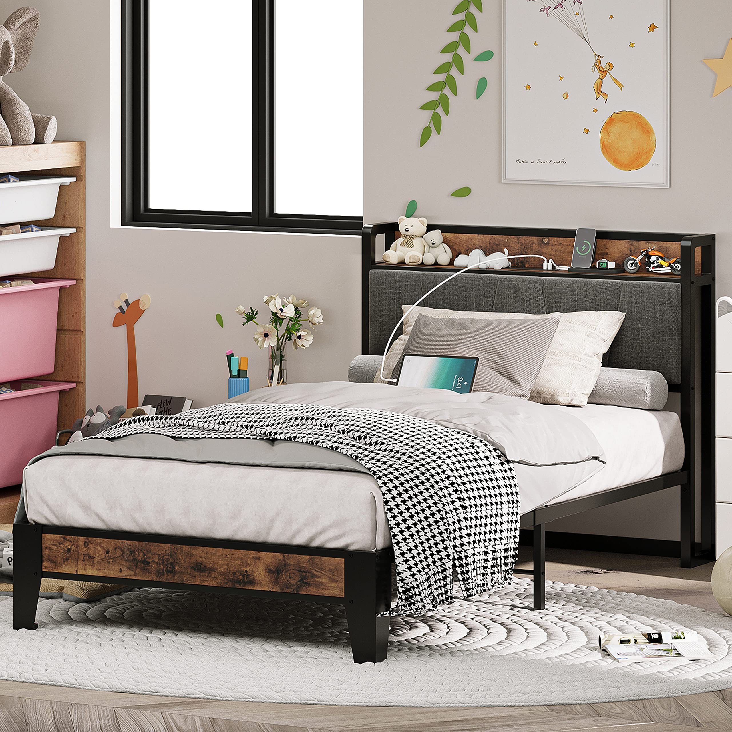 LIKIMIO Twin Bed Frame with Storage Headboard & USB Charging Station - Sturdy, Quiet, No Box Spring Needed, Easy Assembly - Perfect for Small Bedrooms, Guest Rooms & Dormitories