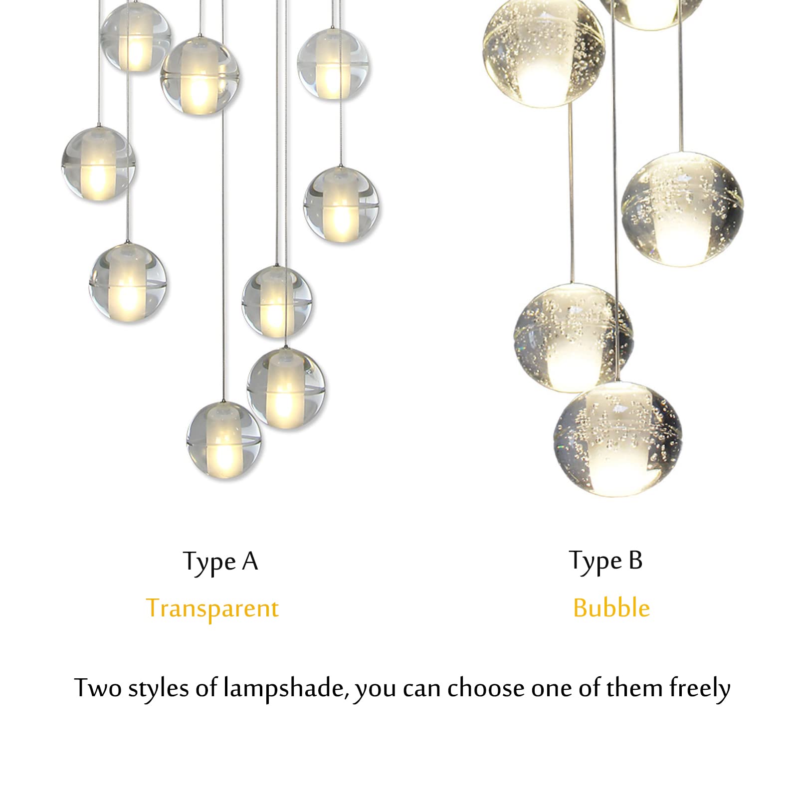 14 Heads Crystal Ball Pendant Light - Modern Adjustable Height Chandelier with Warm White LED (42W) for Living Room, Spiral Staircase, Hallway & Dining Room Lighting