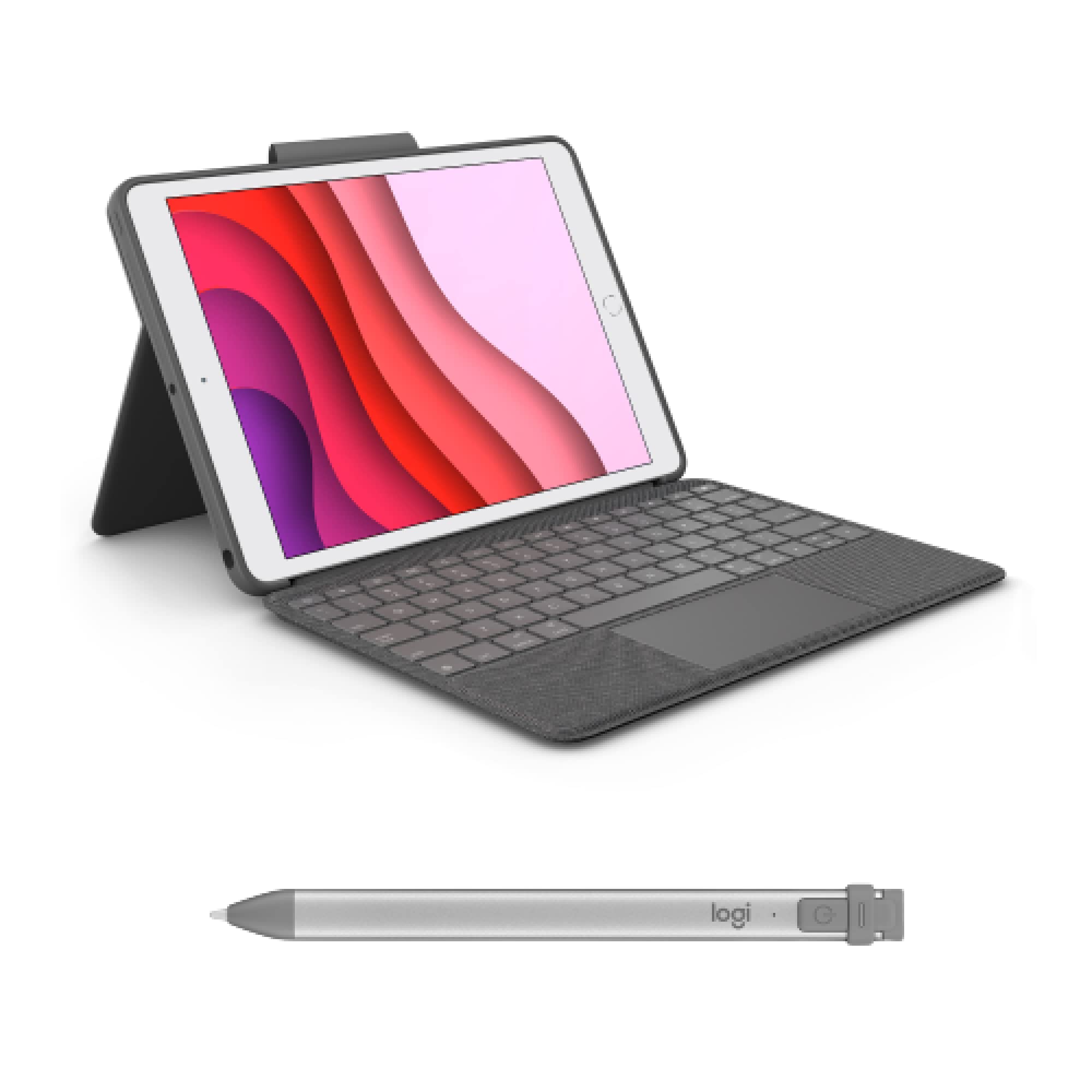 Logitech Combo Touch Keyboard Case for iPad 7th/8th/9th Generation (2019-2021) with Crayon Grey Stylus - Compatible with iPad 2018 & Newer Models - Perfect for Work, Study & Creative Projects