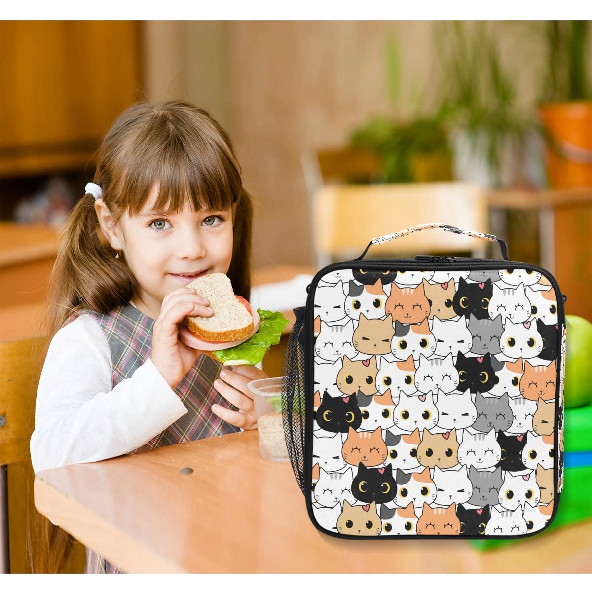 Insulated Cute Cat Pattern Lunch Bag - Leakproof Cooler Tote with Shoulder Strap for School, Work & Picnics | Meal Organizer for Women, Girls & Boys