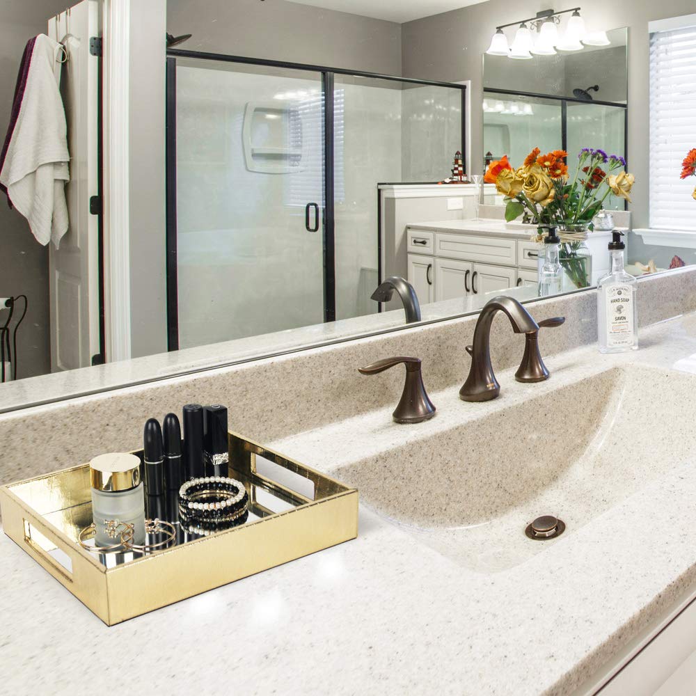 Vixdonos Gold Decorative Mirror Tray - Leather Vanity Catchall Organizer for Makeup, Perfume & Jewelry - Stylish Dresser or Coffee Table Decor (Small, Gold) - Perfect for Bedroom, Bathroom & Entryway Organization