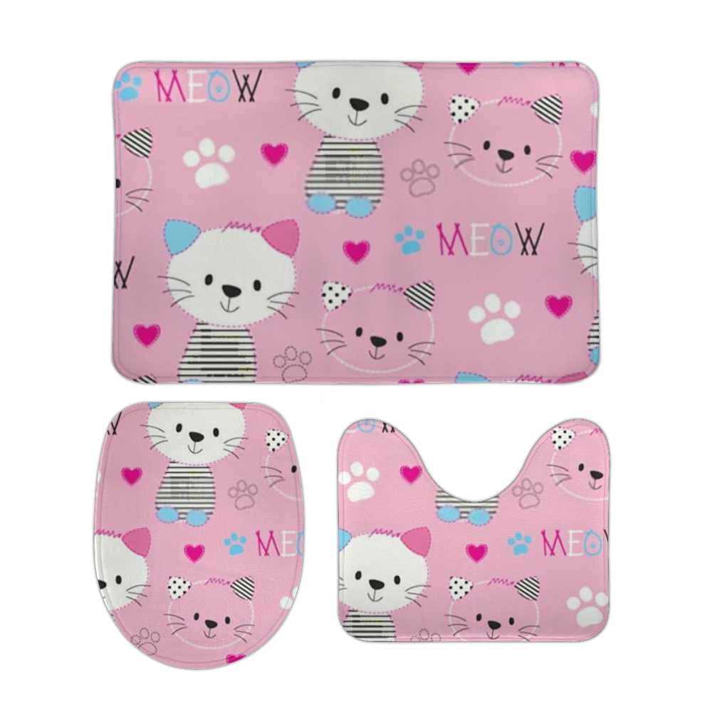 Adorable Cartoon Kawaii Cat & Paw Print 3-Piece Bathroom Rug Set - Non-Slip, Super Absorbent Soft Shower Mats for Tub, Toilet, Sink - Perfect for Bathroom, Bedroom, Kitchen & Laundry Room Decor