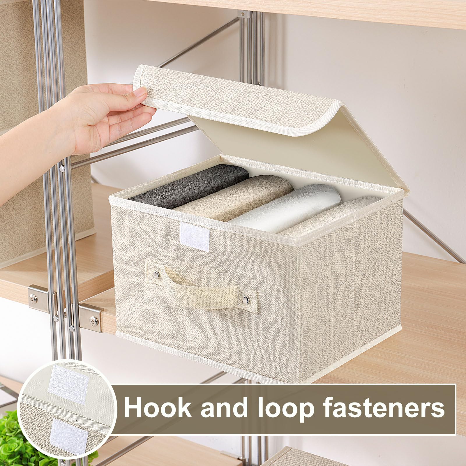 Collapsible Storage Boxes with Lids - Fabric Wardrobe Organizer Bins with Handles for Closet, Bedroom, Home - 10.2x7.9x6.7 Inches, Grey & Beige - Perfect for Books, Toys, Seasonal Clothing & Home Organization