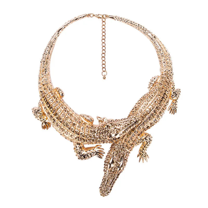 Exaggerated Punk Crystal Crocodile Necklace for Women - Trendy Statement Collar Jewelry with Full Rhinestones - Perfect for Gothic Fashion, Night Out, and Punk Style Accessories