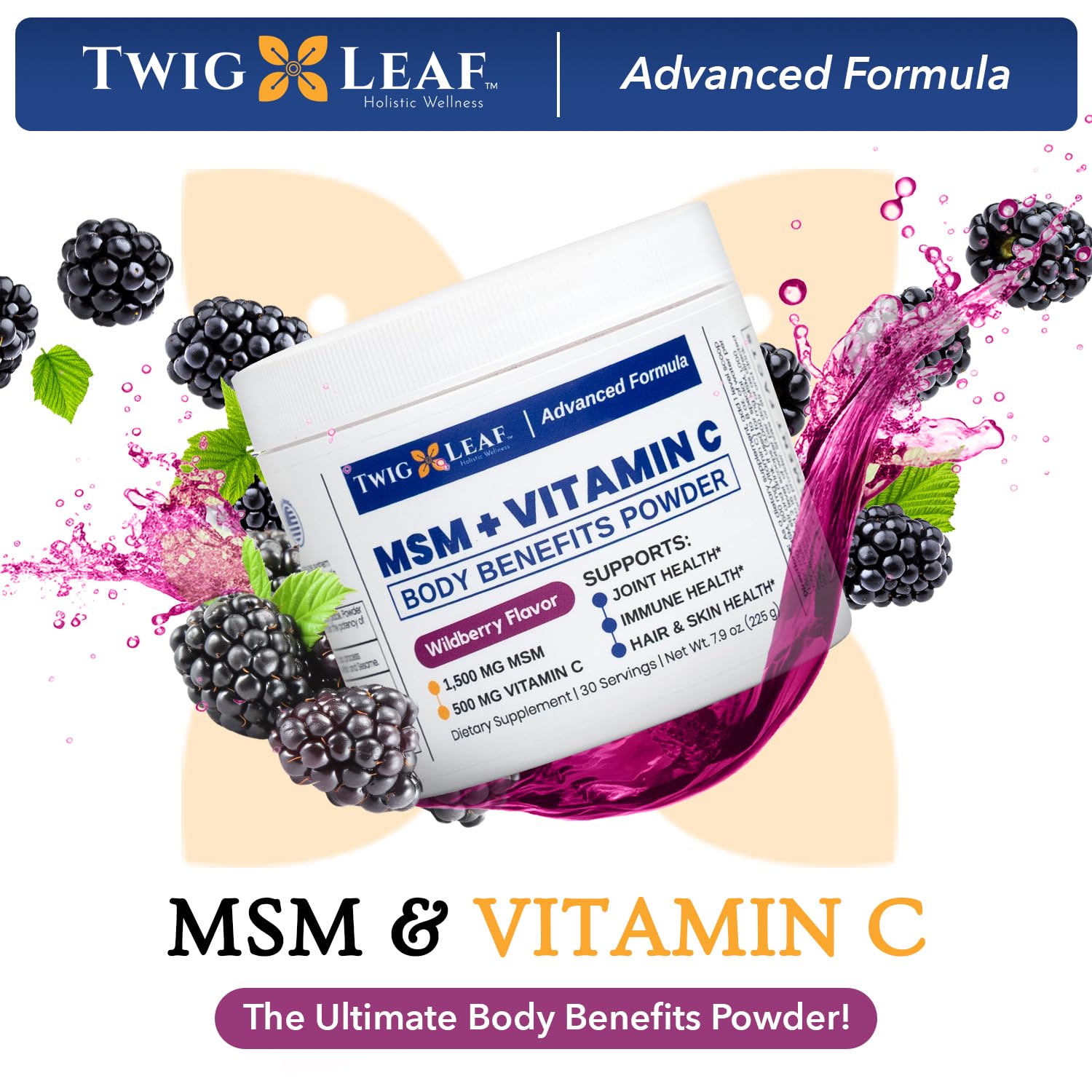 Twig & Leaf MSM + Vitamin C Powder for Hair Growth, Nail Strength & Joint Support | Wildberry Flavor | 30 Servings Non-GMO Gluten-Free Sulfur Supplement (7.9 Oz) | Perfect for Daily Wellness Routine & Active Lifestyle
