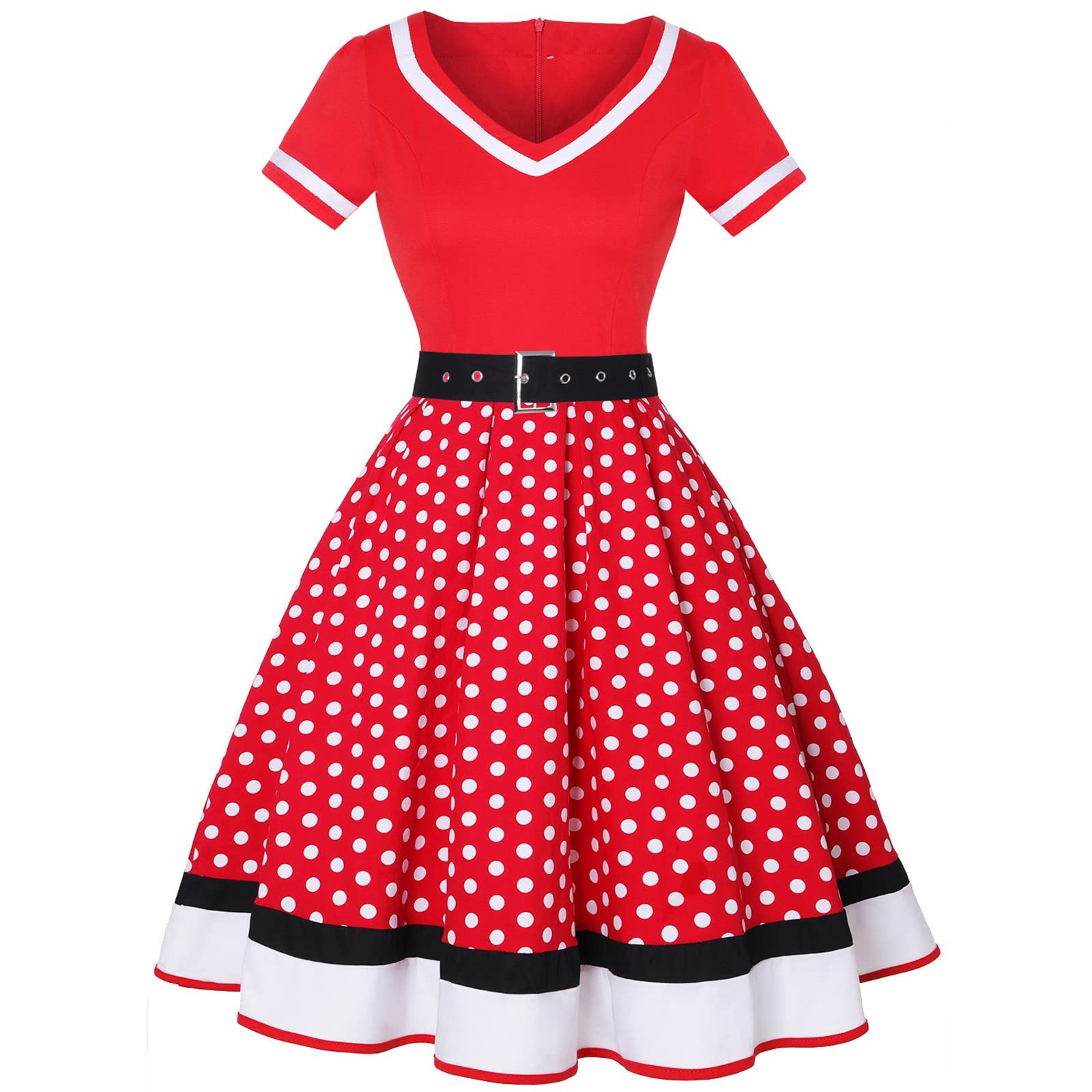 JJHAEVDY Women's Polka Dot Vintage A-Line Dress - Elegant Patchwork V-Neck Short Sleeve Midi Evening Dress for Parties, Weddings & Date Nights