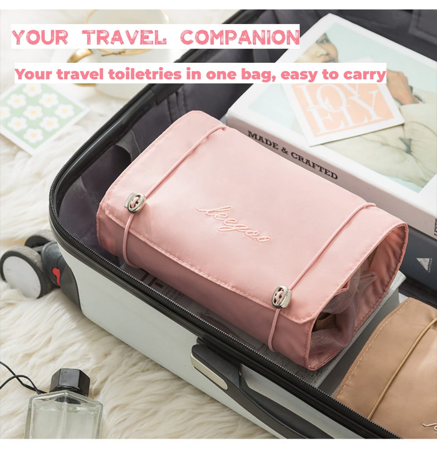 WUBAYI Travel Cosmetic Bag - Waterproof Hanging Toiletry Organizer with 4 Compartments | Foldable Detachable Mesh Makeup Bag for Women | Perfect for Travel, Camping & Gym Essentials Organization