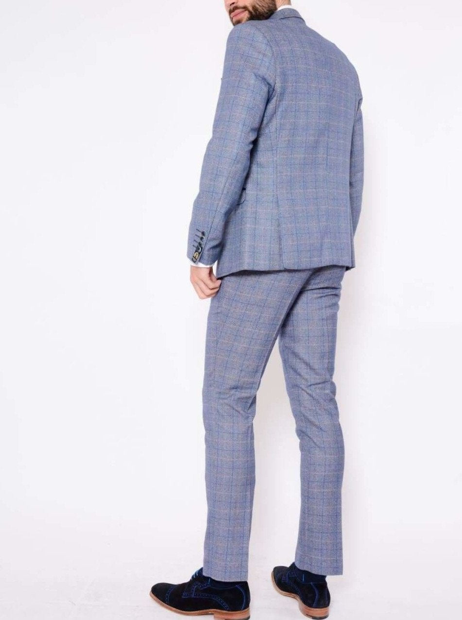 Marc Darcy Harry 3-Piece Sky Blue Tweed Check Suit for Men - Wedding, Business & Formal Occasions