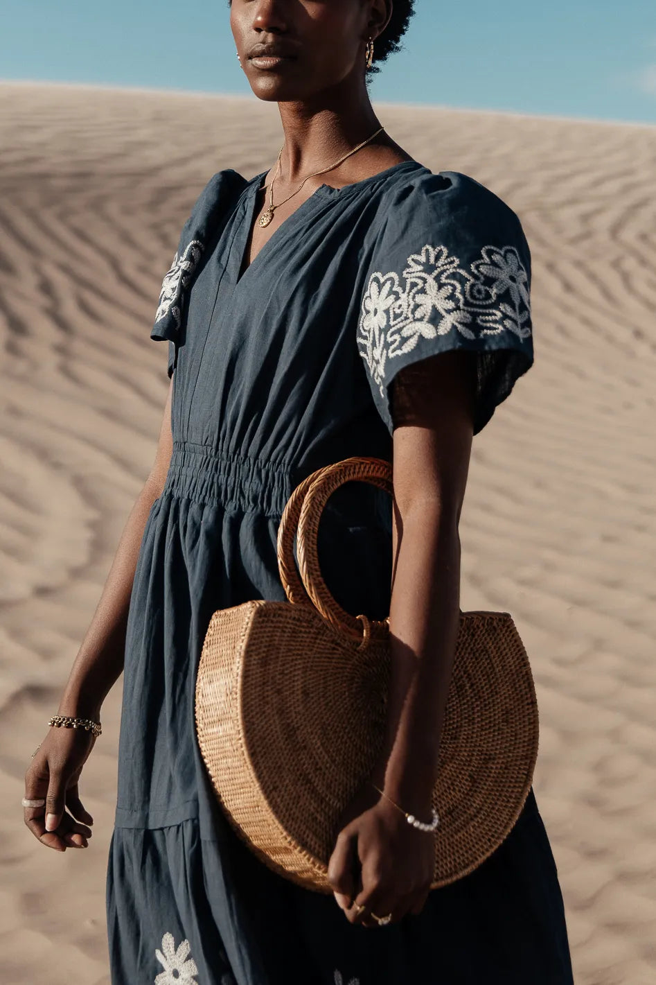 Isabeau Navy Blue Embroidered Maxi Dress for Women - Elegant Boho Summer Beach Wedding Dress - Perfect for Beach Vacations, Weddings & Special Occasions